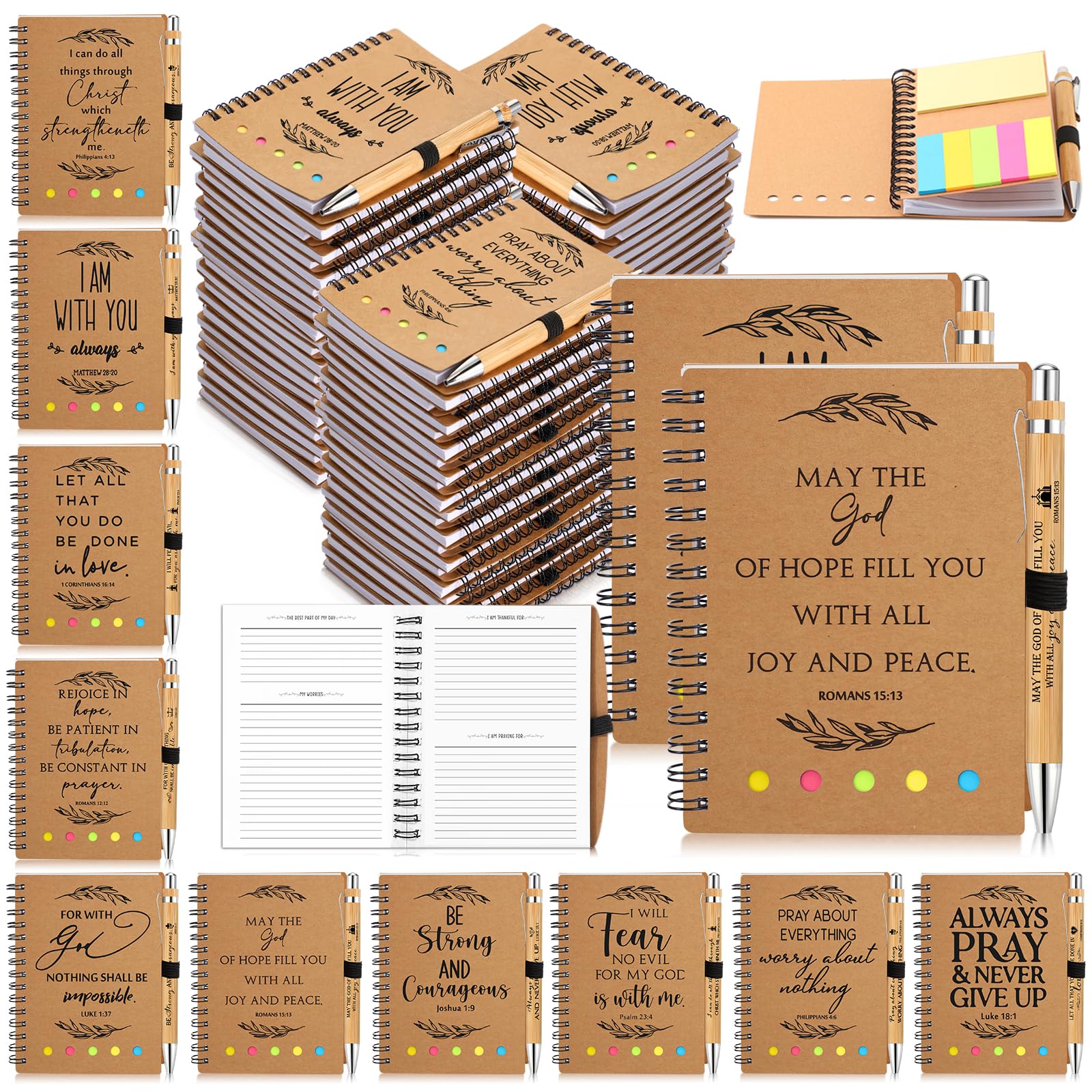 Spakon 50 Set Christian Gifts Bulk Church Gifts Religious Notebook Spiral Bible Verse Bamboo Pens Mini Bible Study Journal for Sunday School Employee