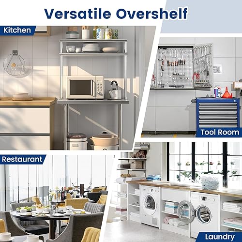 Miniatura 9 de Giantex Mesa de acero inoxidable con repisa, mesa de preparación de 36 x 24 pulgadas con estante superior de 36 x 12 pulgadas, estante superior de 2