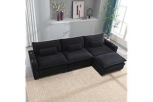 117.7" L Shaped Sectional Sofa in Black Corduroy with USB Ports for Living Room