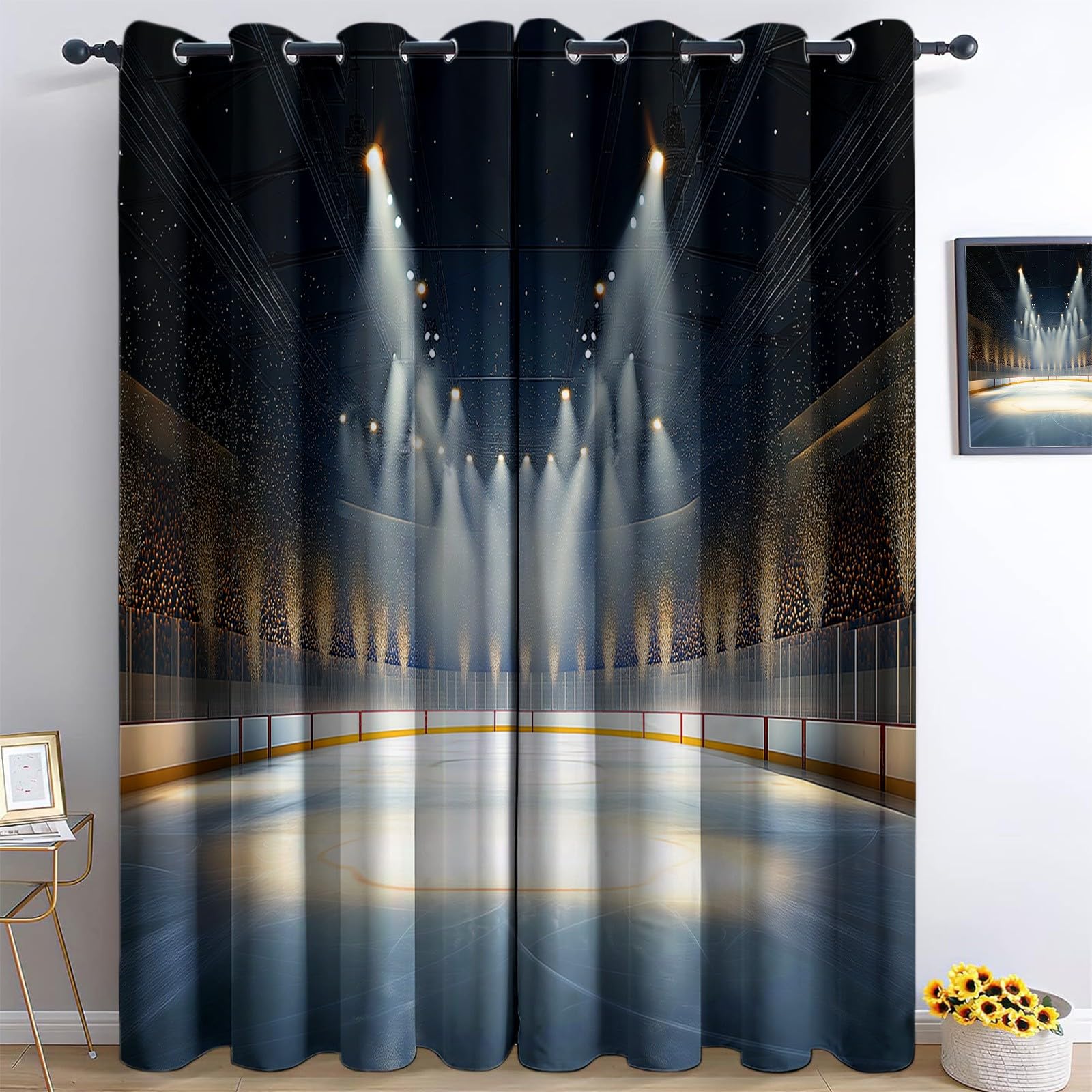 Blue-Gray Curtains Eyelet Thermal Insulated Ring Top 100% Blackout Curtains, Space Sports Ice Hockey Rink Print Pattern Window Drapes for Bedroom Living Room, 46 x 72 Inch