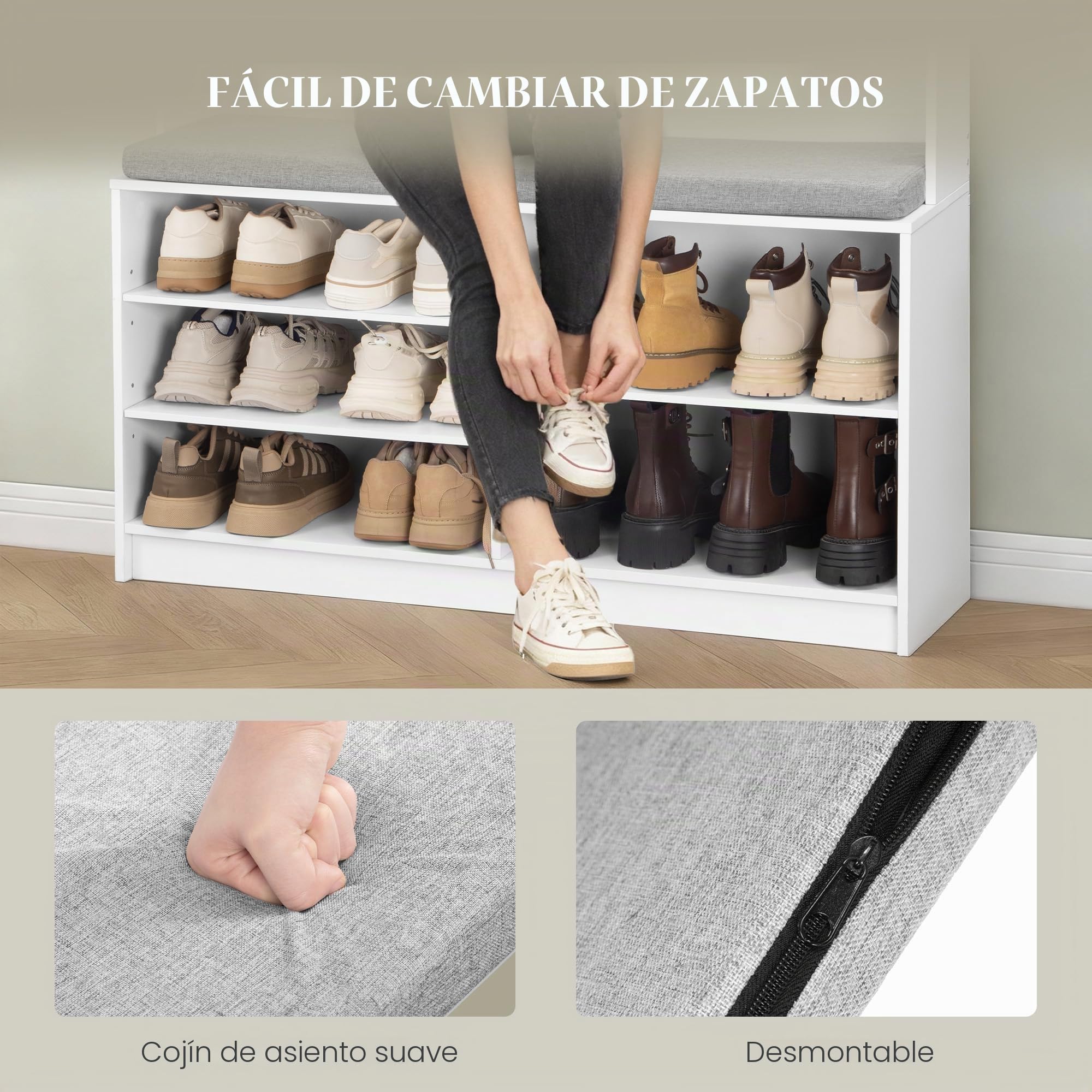 HEXCELEN Perchero Recibidor con Banco Zapatos, 14 Ganchos, Blanco | Perchero con 7 Compartimentos Abiertos, Estantes Ajustables, para Pasillos, Vestíbulos, Salones, 30 x 100 x 183,4 cm