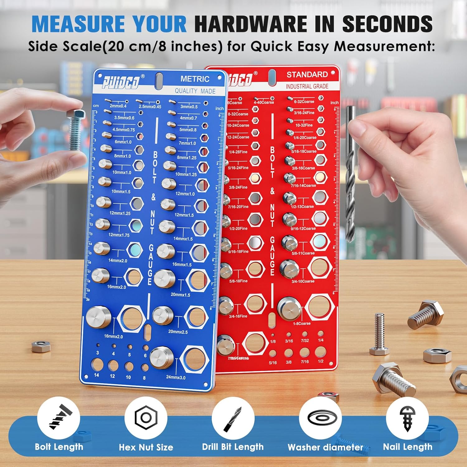 68 Nut and Bolt Thread Checker Standard and Metric, Screw Size and Thread Gauge with 26 SAE & 26 Metric & 16 Drill Bit Gauge, Bolt and Nut Identifier Gauge Bolt Size Finder for Quickly Identify