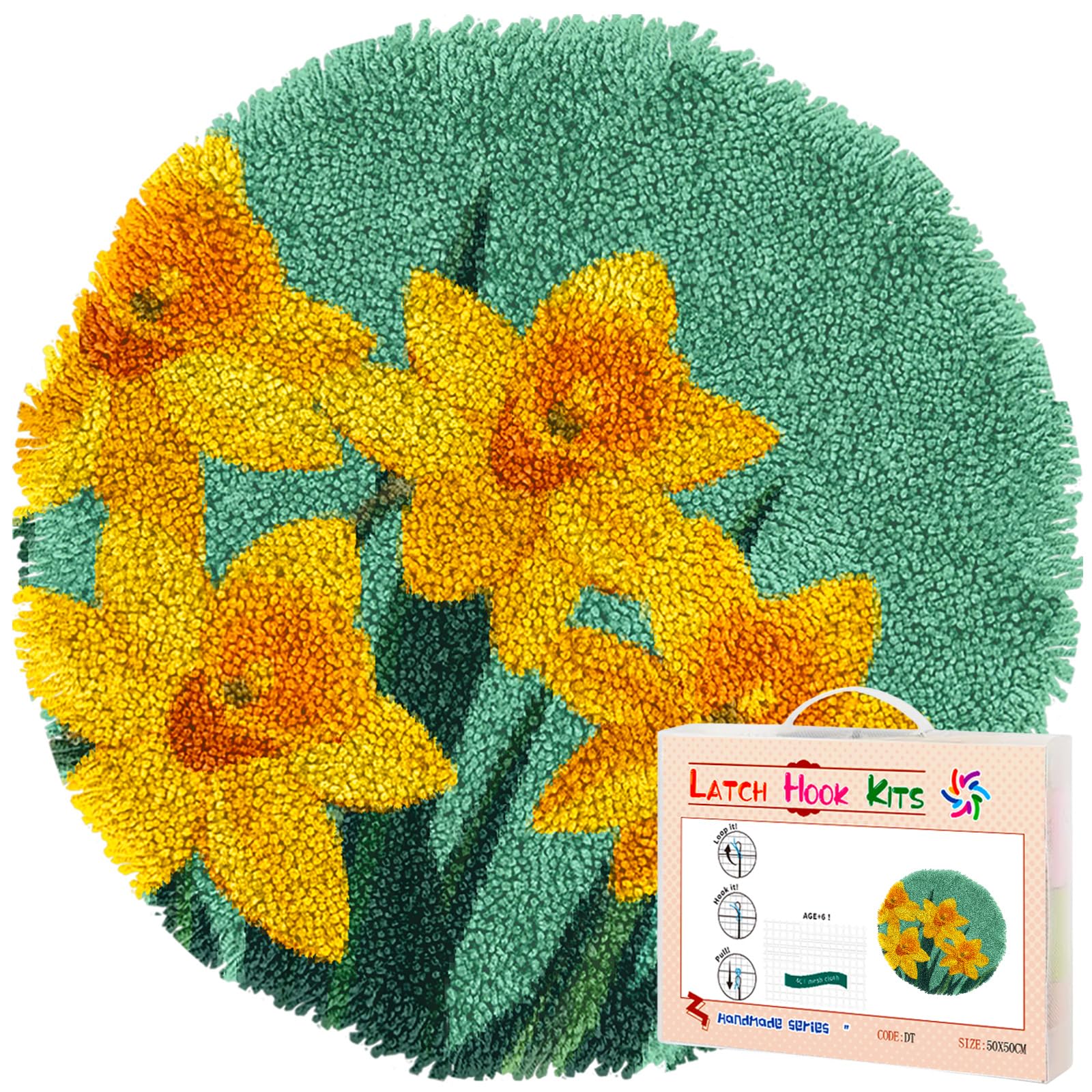 Latch Hook Rug Kit Yellow Daffodil Flowers Stamped Handmade Round Shape Carpet Crochet Yarn Craft DIY Hook and Latch Door Mat Tapestry Christmas Home Floor Decor 20x20in-2