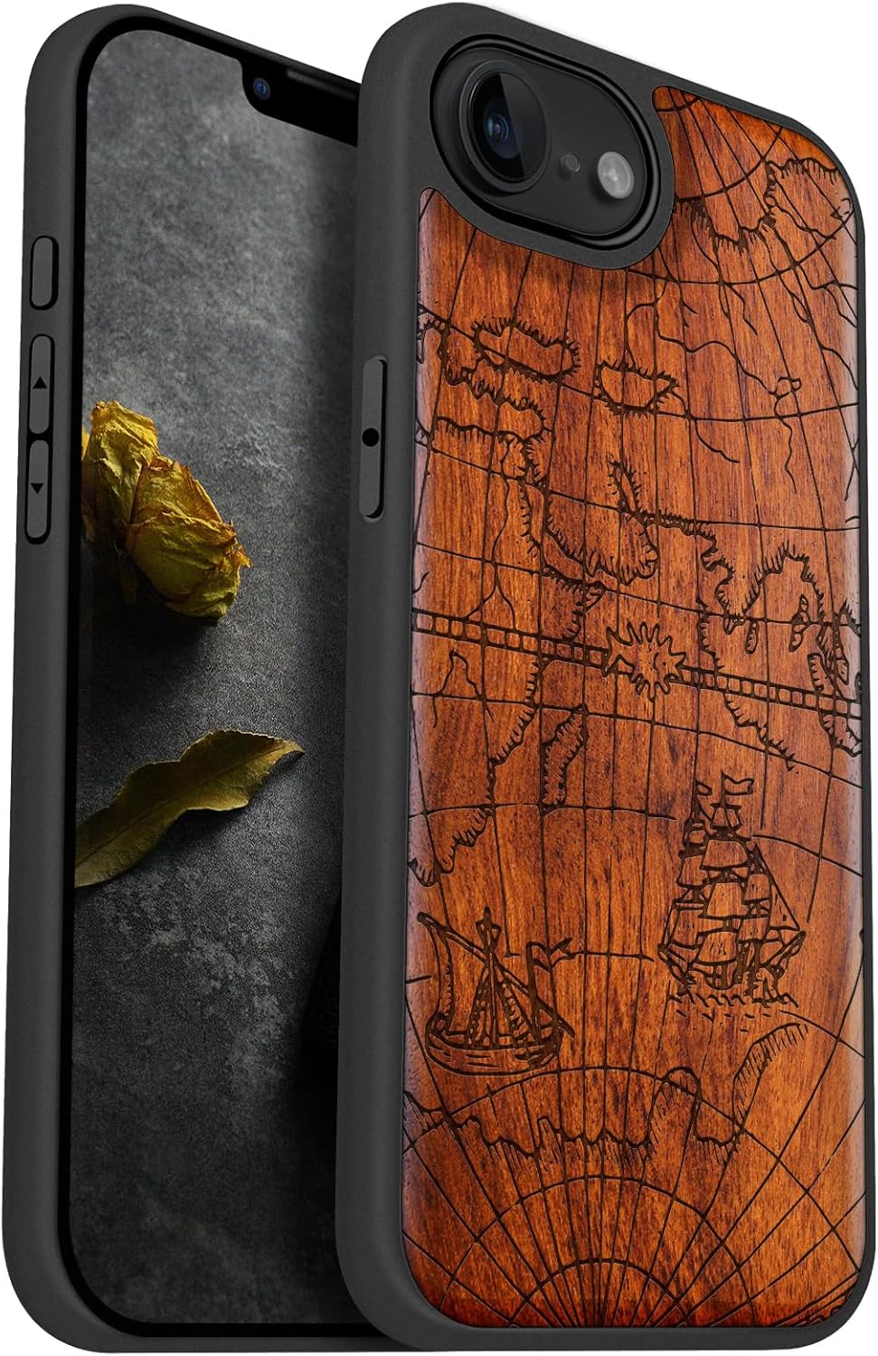 Carveit Magnetic Wooden Case for iPhone 16e / 17e, Solid Wood & Black TPU, Artisan Engraved Design, Shockproof Cover, Compatible with MagSafe Wireless Chargers, Ancient Voyage Map - Rosy