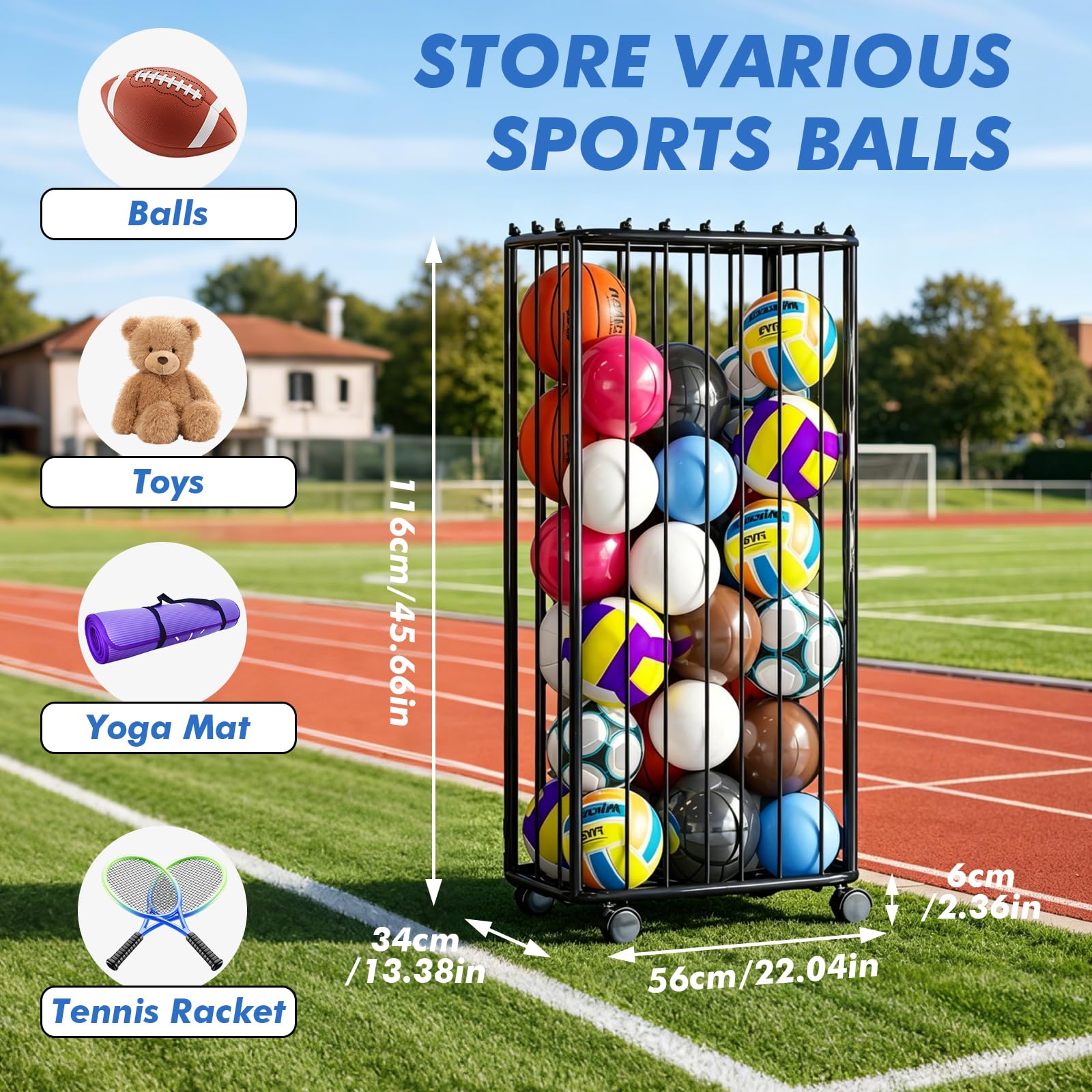 Basketball Aufbewahrungsregal, Vertikale Ball Aufbewahrung Garage, Ballständer mit Rädern & elastische Bänder, Indoor und Outdoor Ballaufbewahrungsregal für Basketball, Fußball, Volleyball, Schläger