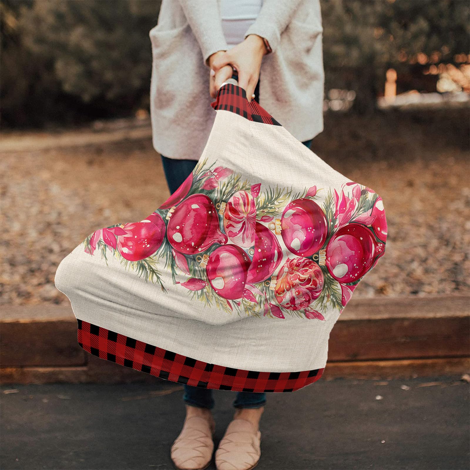 Nursing Cover for Breastfeeding Scarf, Dark Pink Poinsettia Floral Balls Checkered Baby Car Covers Super Soft Multi Use for Canopy Shopping Cart Cover Blanket Stroller Cover