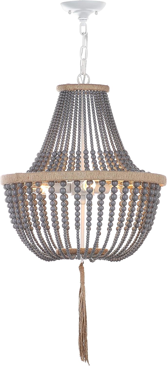 SAFAVIEH Lighting Collection – Lush Kristi Emerald Green Beaded Boho Farmhouse 3-Light Pendant Chandelier with Tassel, Adjustable Hanging Ceiling Light (LIT4477D)