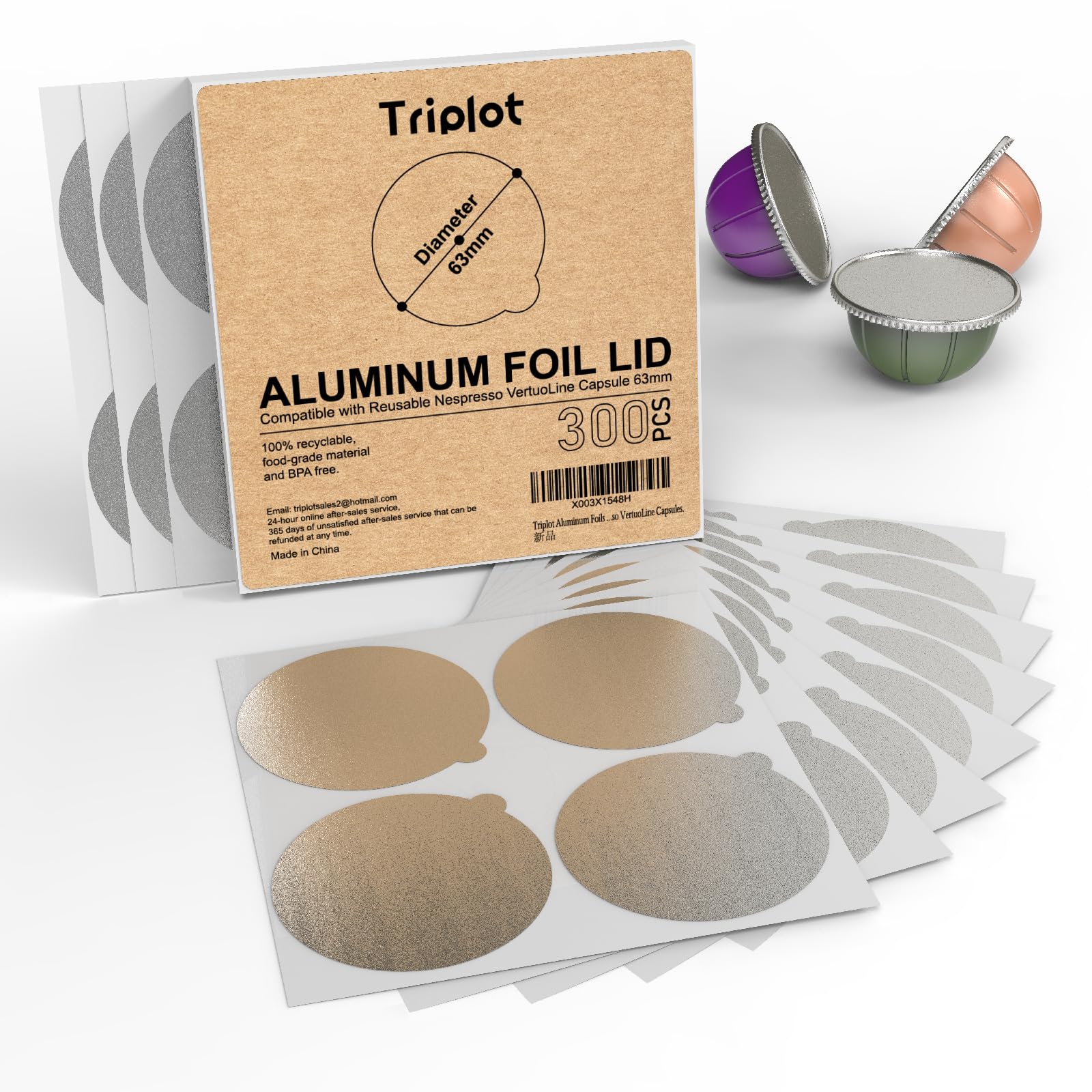 TriplotAluminum Foils Lids 300pcs to Reuse Nespresso VertuoLine Coffee Pods Compatible with Nespresso VertuoLine Capsules.