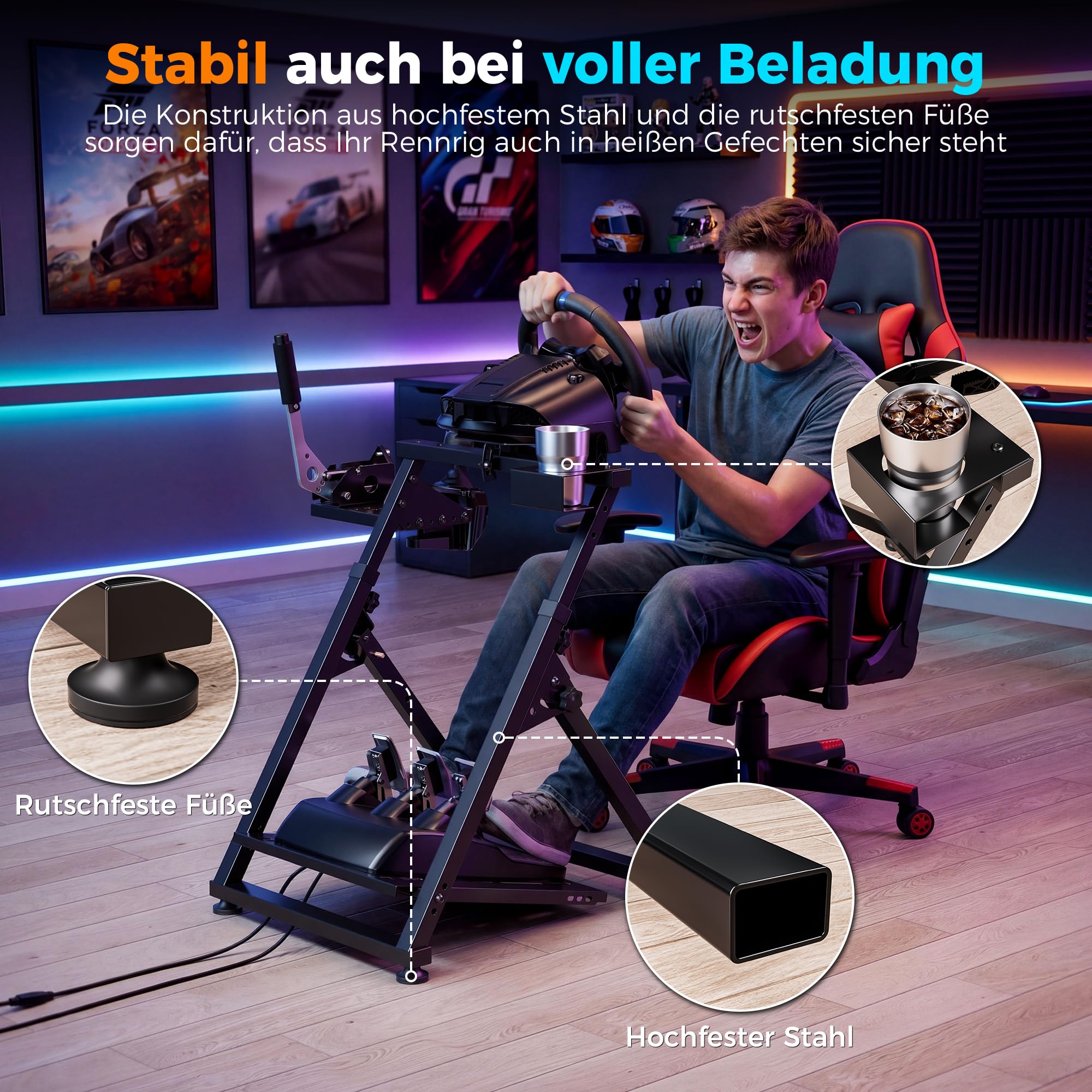Hochkompatible Lenkradständer für Lenkrad, Faltbarer Gaming Wheel Stand Racing Lenkrad Halterung 31 Loch Lenkradplatte & 26 Loch Schalthebelplatte, Breit Höhenverstellbar Und Mit Trinkhalterung