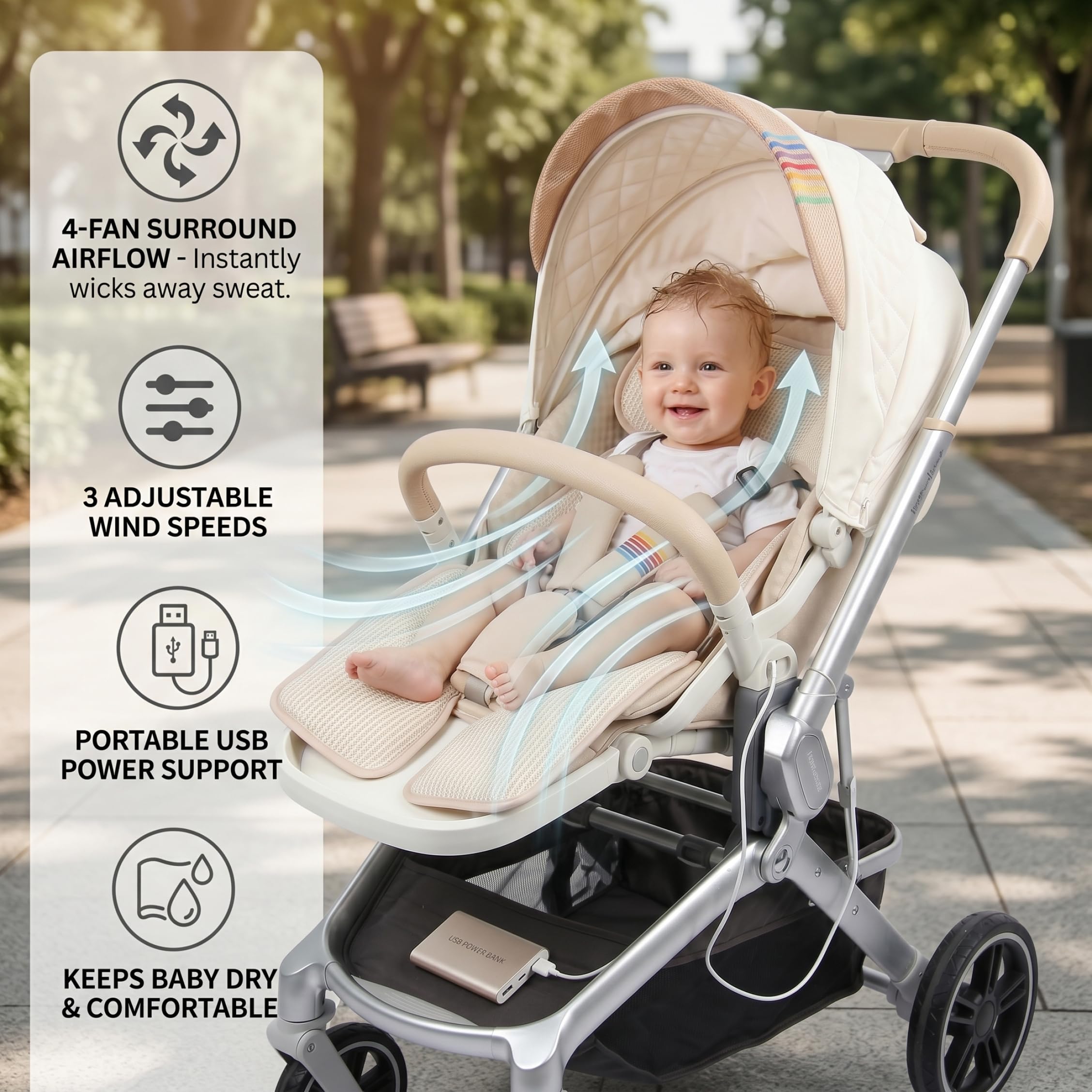 Tappetino di Raffreddamento per Passeggino, Tappetino di Raffreddamento per Bambini da 32×15 Pollici 3 velocità e 4 Ventilatore Incorporato Cuscino di Ventilazione Alimentato tramite USB Elementi