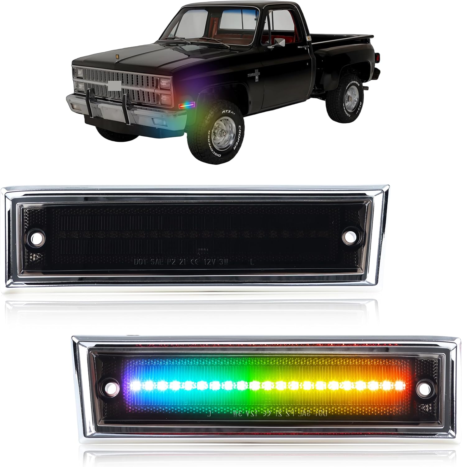 RGB Full LED Side Marker Lights for 1981-1991 Chevy C10 C20 C30 GMC C1500 C2500 Suburban Blazer Jimmy, [4 Modes 16 Colors] RGB Marker Lamps, Front Bumper Assembly with Remote Strobe, 2PCS