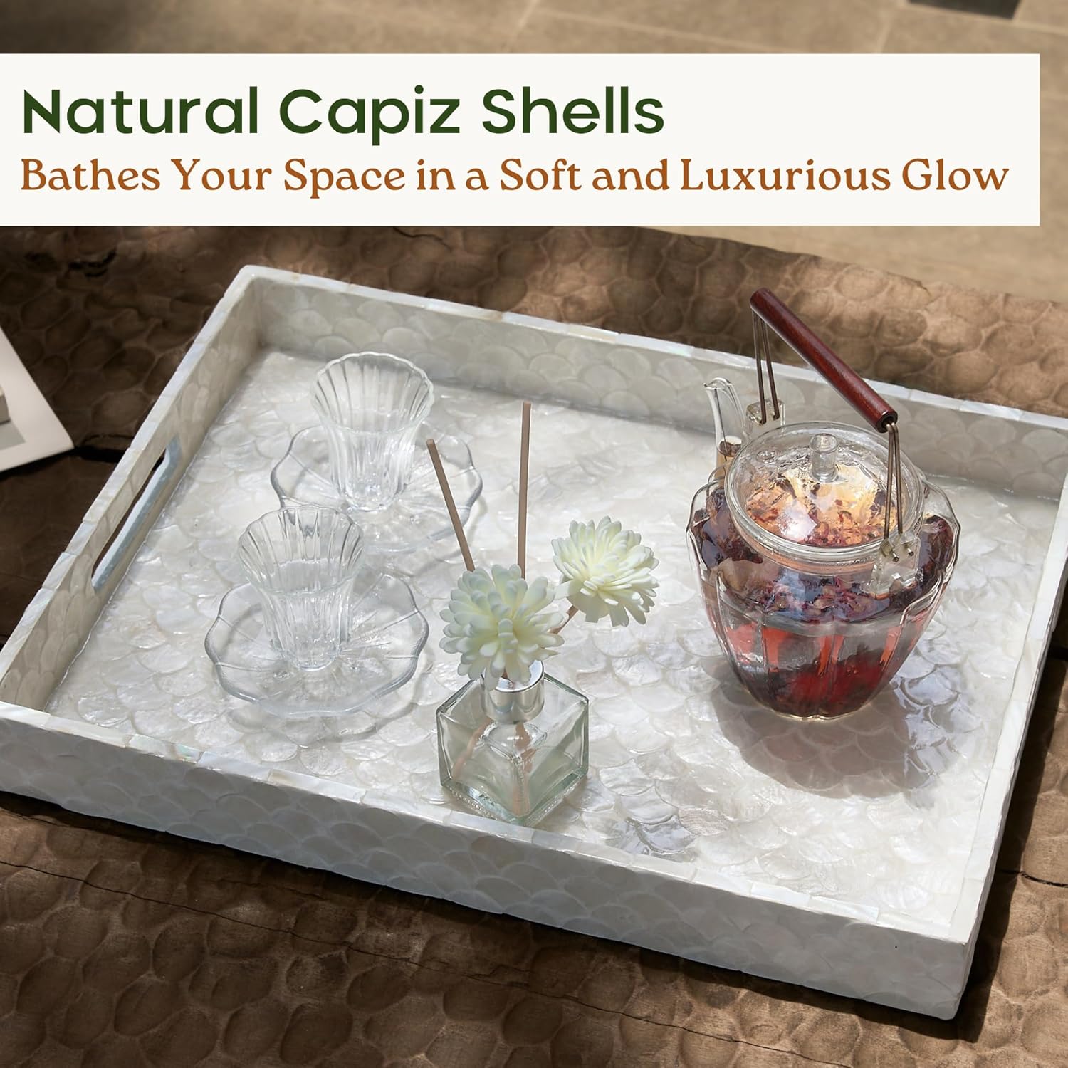 Capiz Decorative Tray 15.8” x 11.8” x 1.8" Rectangular Tray, Natural Handmade Serving Tray with Handles for Coffee Tables, Ottoman, Vanity, Kitchen, Coastal Boho Home Decor, White - Image 2