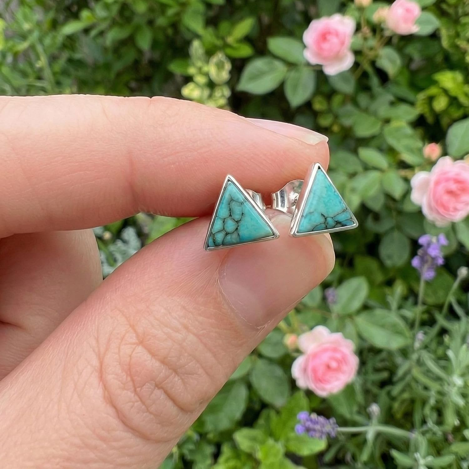 Handmade Turquoise Gemstone Triangle 7mm Stud Earrings, 925 Sterling Silver Studs for Women, Cartilage Earring, Tarnish & Water Resistant, By Miya Jewelry Creations - Image 7