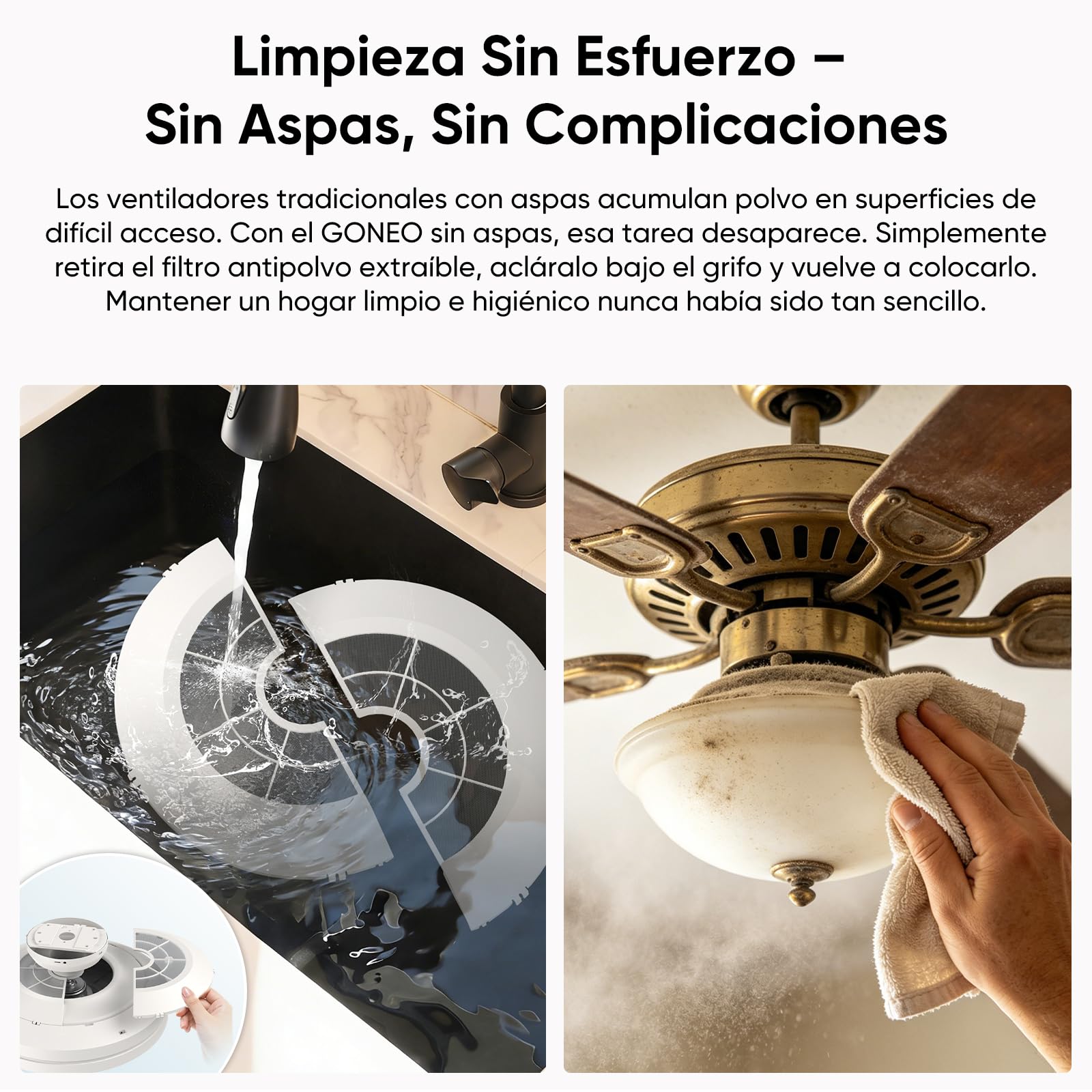 Ventilador de techo con luz LED sin aspas GONEO, ventilador silencioso con mando a distancia, lámpara ventilador para dormitorio e infantil, bajo ruido para dormir, ideal para habitación pequeña