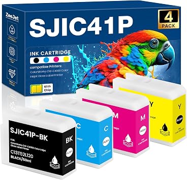 SJIC41P Ink Cartridges 4-Color Set Remanufactured SJIC41P-BK SJIC41P-C SJIC41P-M SJIC41P-Y Ink Cartridge Compatible for ColorWorks CW-C4000 Color Inkjet Gloss Label Printer