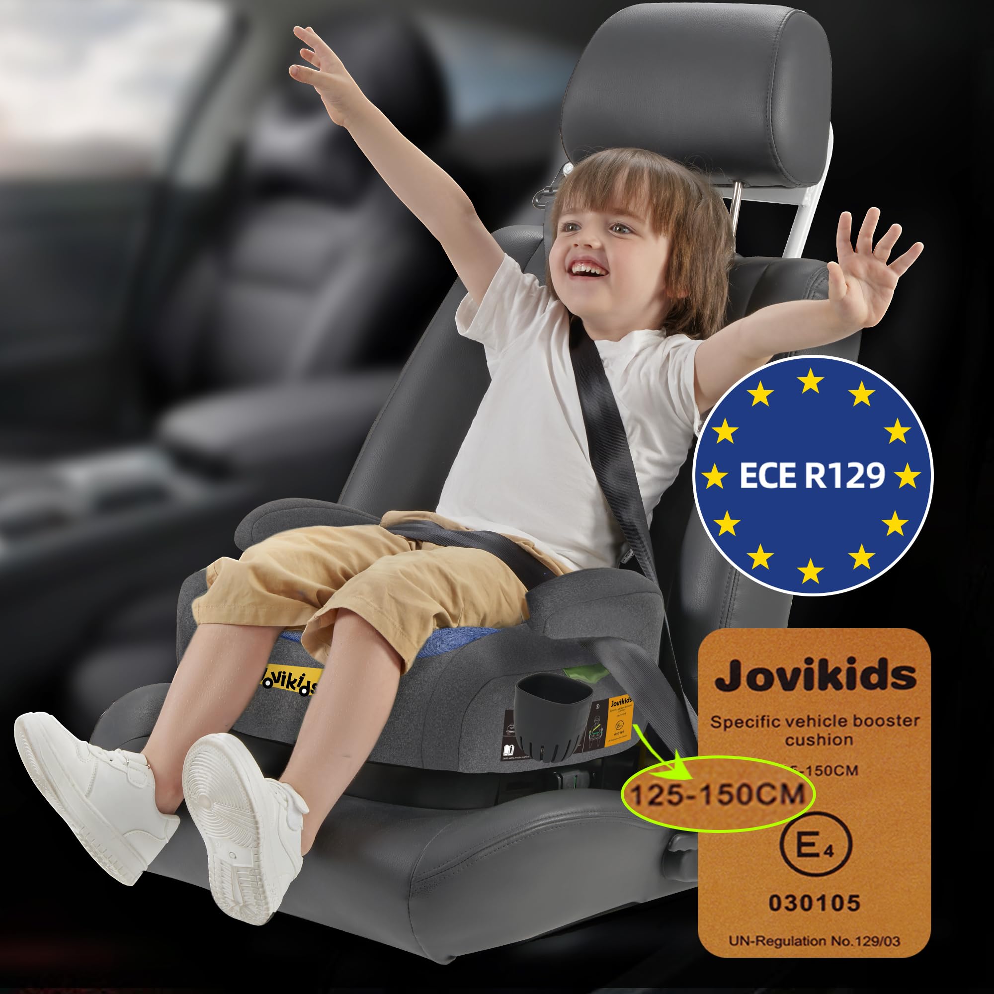 Jovikids Rialzo Auto per Bambini ISOFIX 125-150cm ECE R129, Alzatina Auto Bimbi 15-36 kg, Seggiolino Auto da 6 a 12 Anni (BLUE, Nessun portabicchieri)