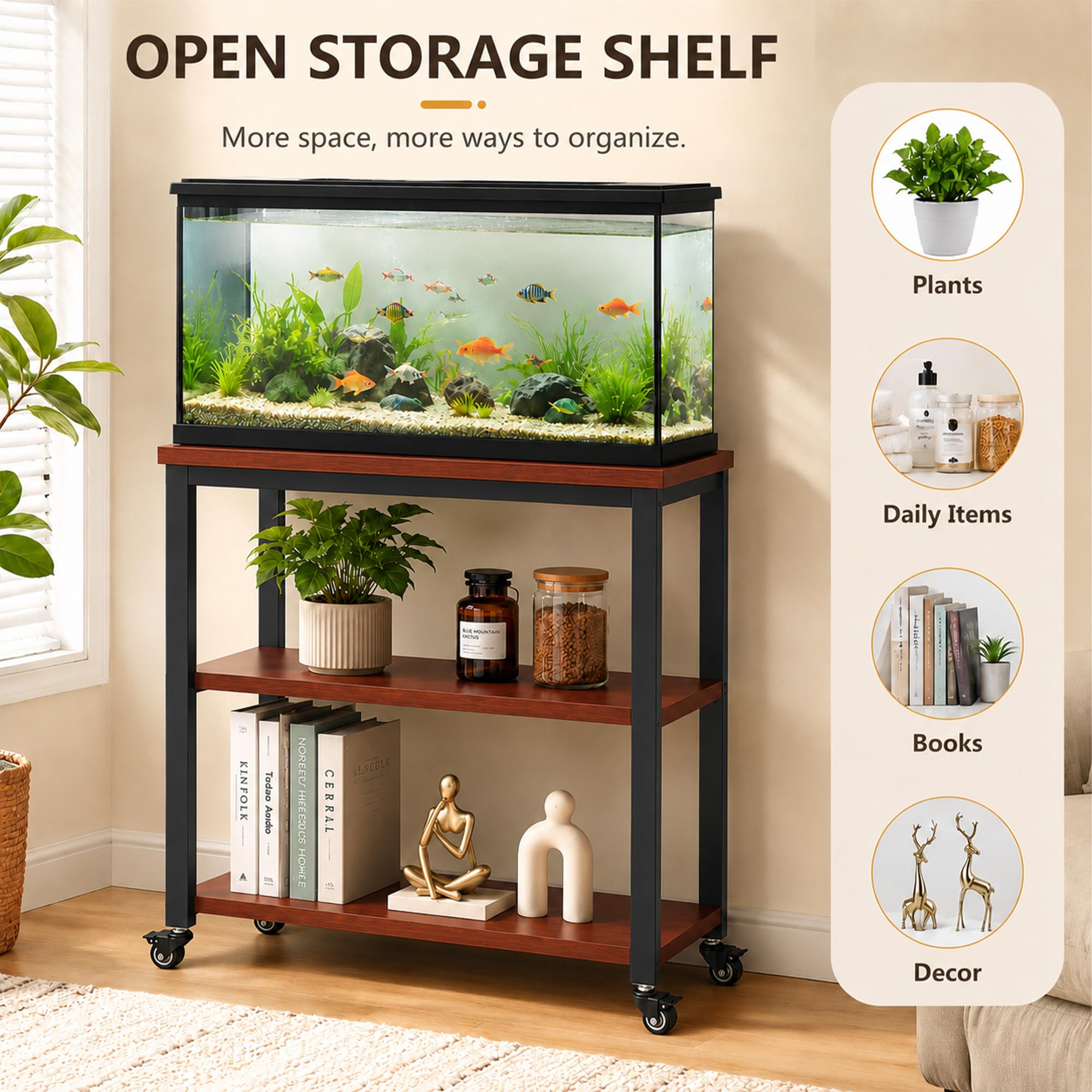 JSWHYBD Mueble soporte pecera terrario resistente con ruedas | Mesa doble nivel almacenamiento para peces tortugas reptiles, exhibición salón oficina dormitorio(G,150L)