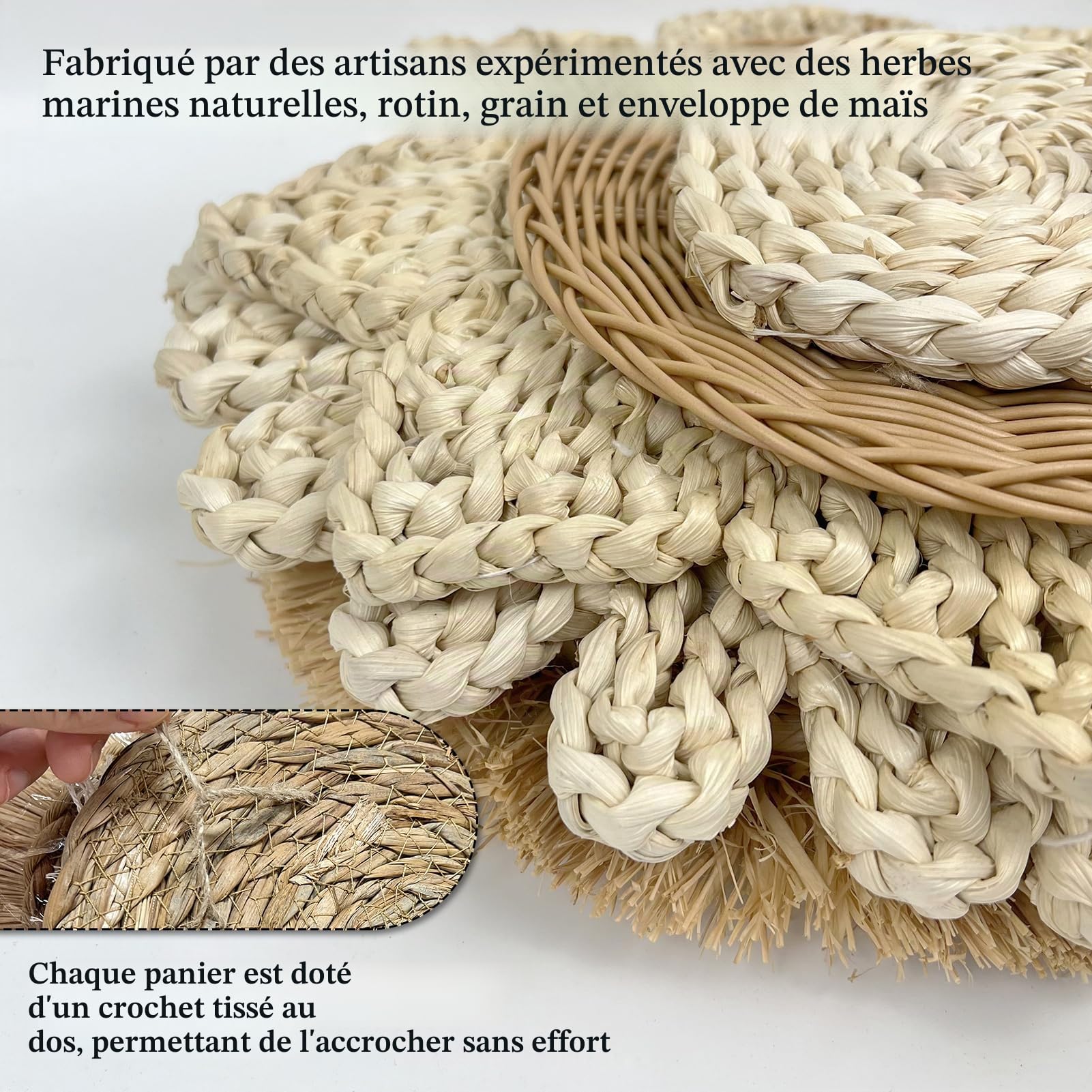 Lot de 8 paniers muraux décoratifs bohème, tressés à suspendre, en jonc de mer et rotin, paniers ronds faits à la main, avec franges, en feuille de maïs et joncs, décoration murale bohème pour salon