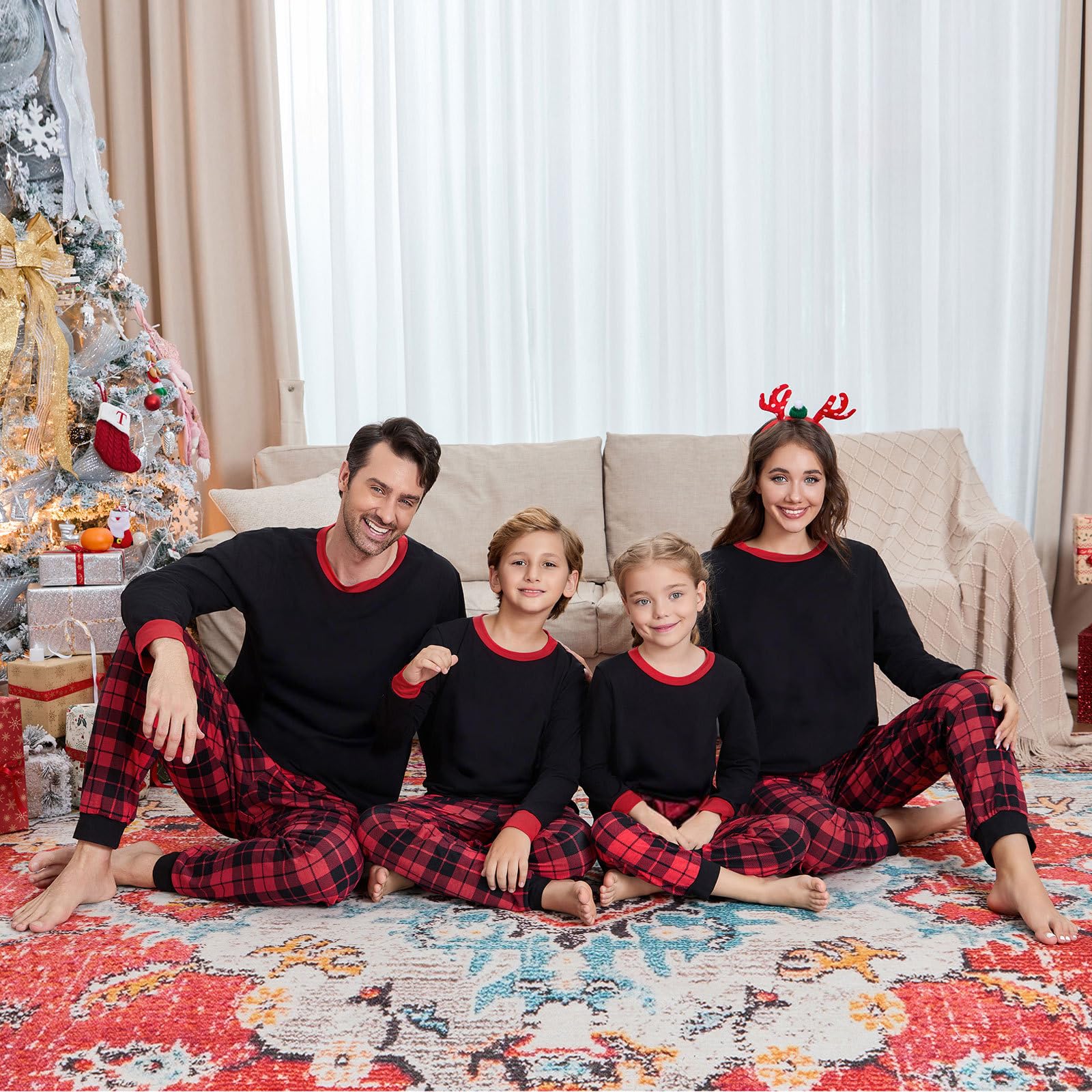 Set pigiama abbinato per la famiglia, a maniche lunghe, in cotone, con pantaloni a quadri di bufalo, abbigliamento da casa natalizio