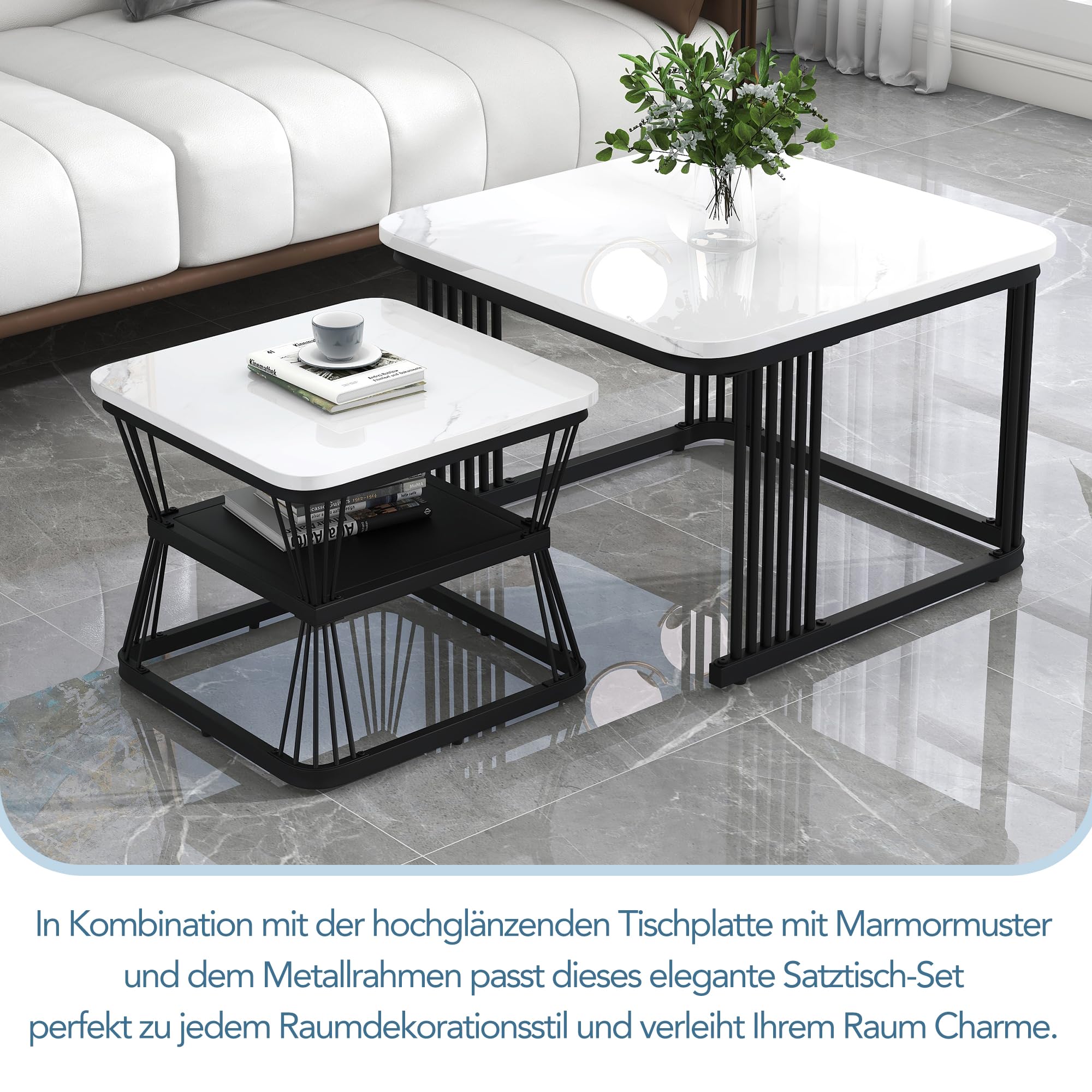 Merax Quadratisch Couchtisch 2er Set, Moderne Wohnzimmertisch mit Marmoroptik, Hochglänzend Satztisch mit Stauraum, für Wohnzimmer, Balkon und Büro, Metallgestell, Weiß und Schwarz