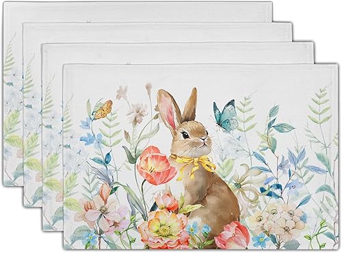 Miniatura 18 de Juego de 4 manteles individuales de primavera, diseño de pájaros azules, flores, flores, estación, primavera, floral, lavable, rústico, decoración