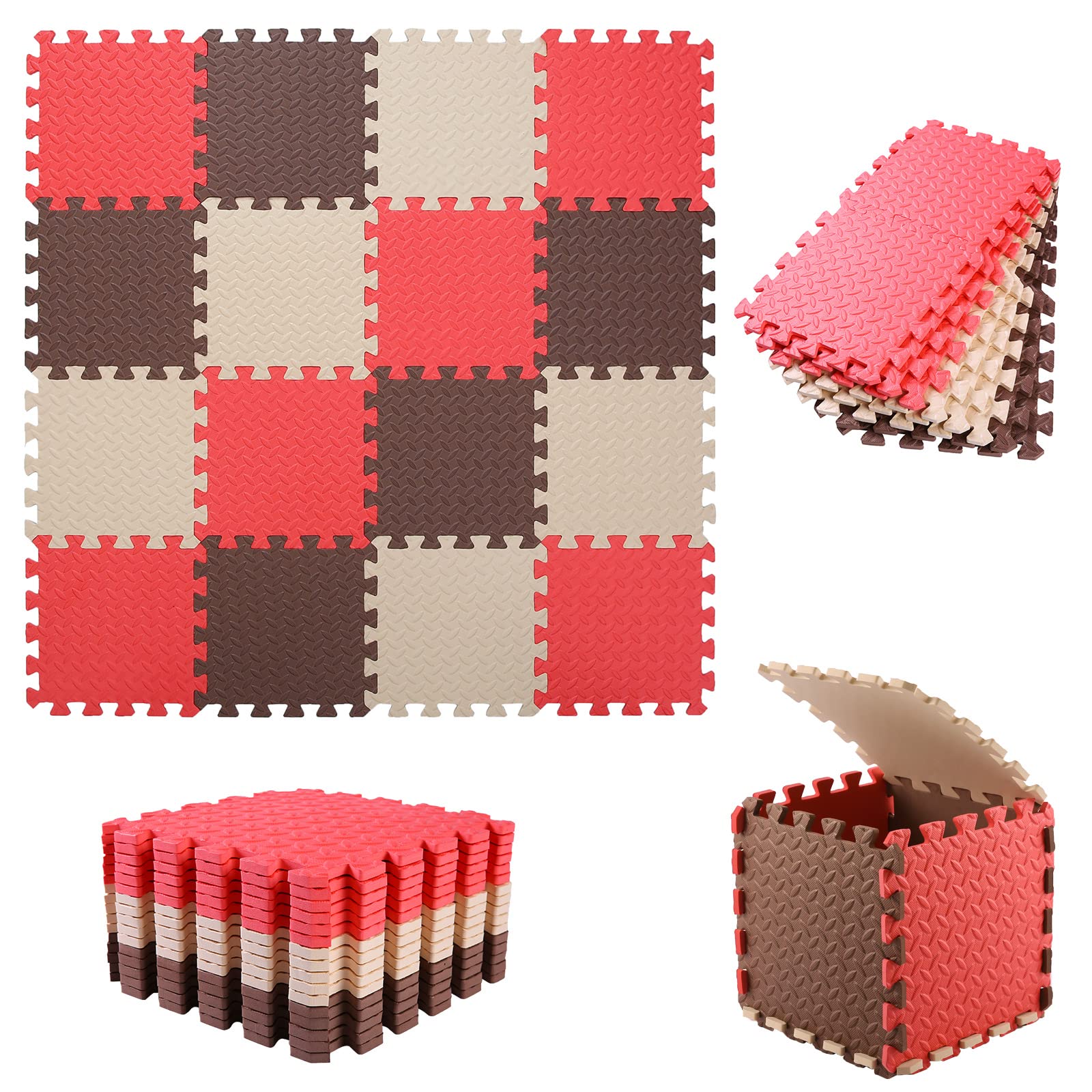 16 Tiles Foam Play Mat, 0.4 Inch Thicked Interlocking Floor Mats with Solid Colors, Squares Baby Play Mat, EVA Foam Puzzle Floor Mat Foam Mats for Toddlers(Red/Coffee/Beige)