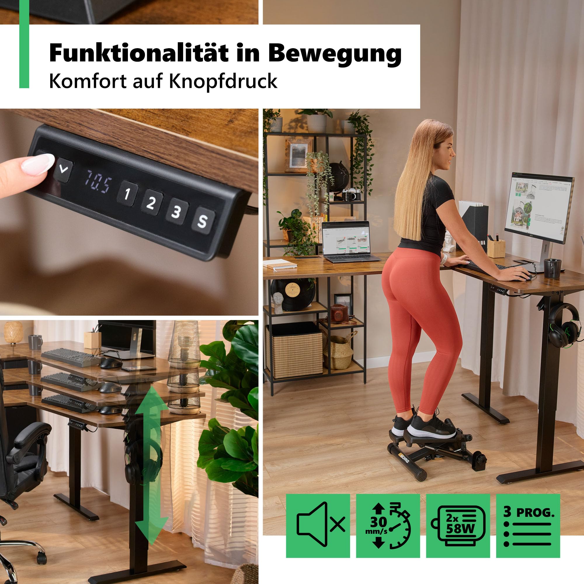 di volio Höhenverstellbarer Eckschreibtisch Braun Rechts 192×137 cm Trani | Elektrischer L-Schreibtisch, 2 Motoren, Memory-Funktion, stabile Konstruktion, Kabeldurchlässe, Haken, für Homeoffice