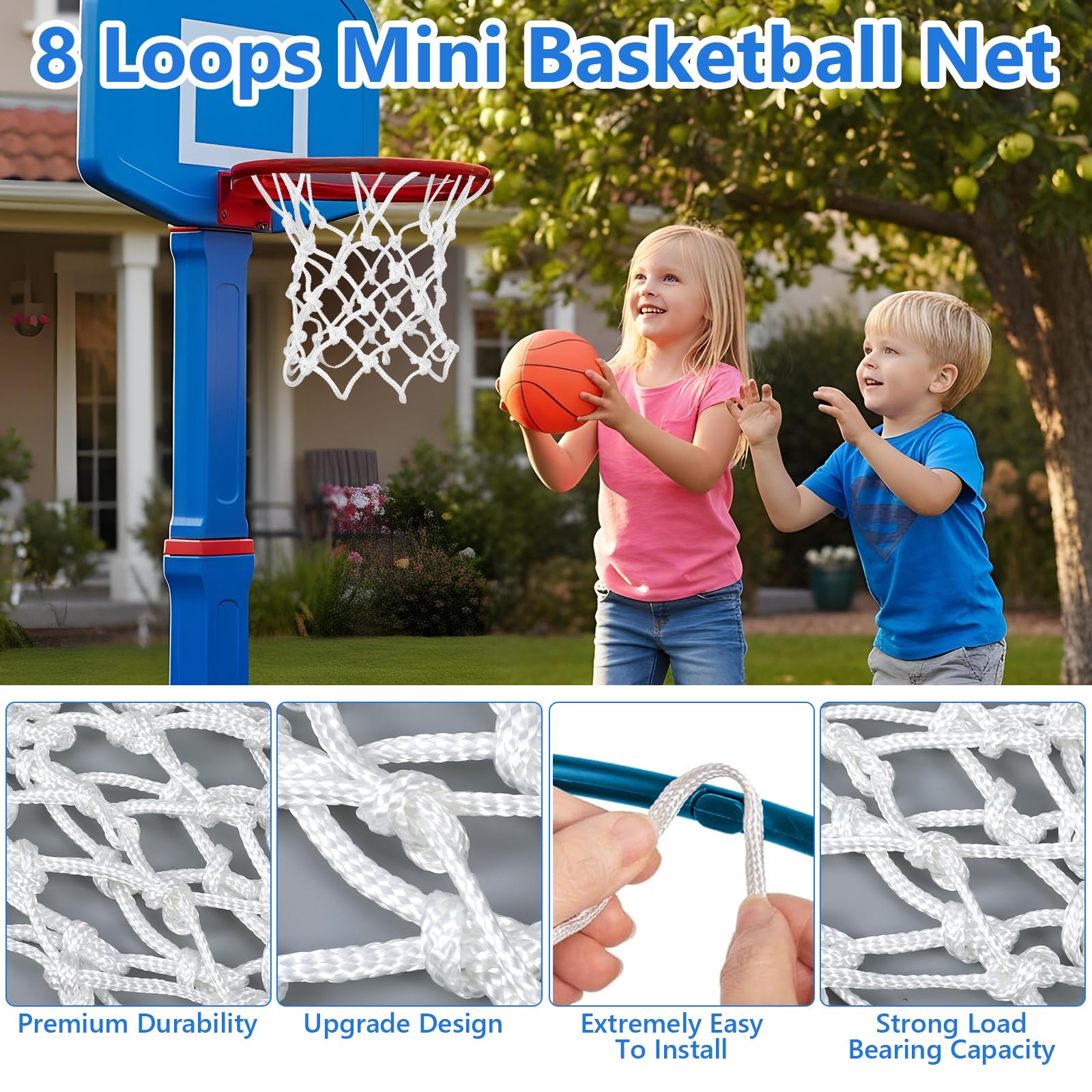 Lot de 2 mini filets de basket-ball de rechange pour petits cerceaux de basket-ball, accessoires toutes saisons, anti-fouet, 8 boucles, petit filet de panier pour chambre, intérieur et