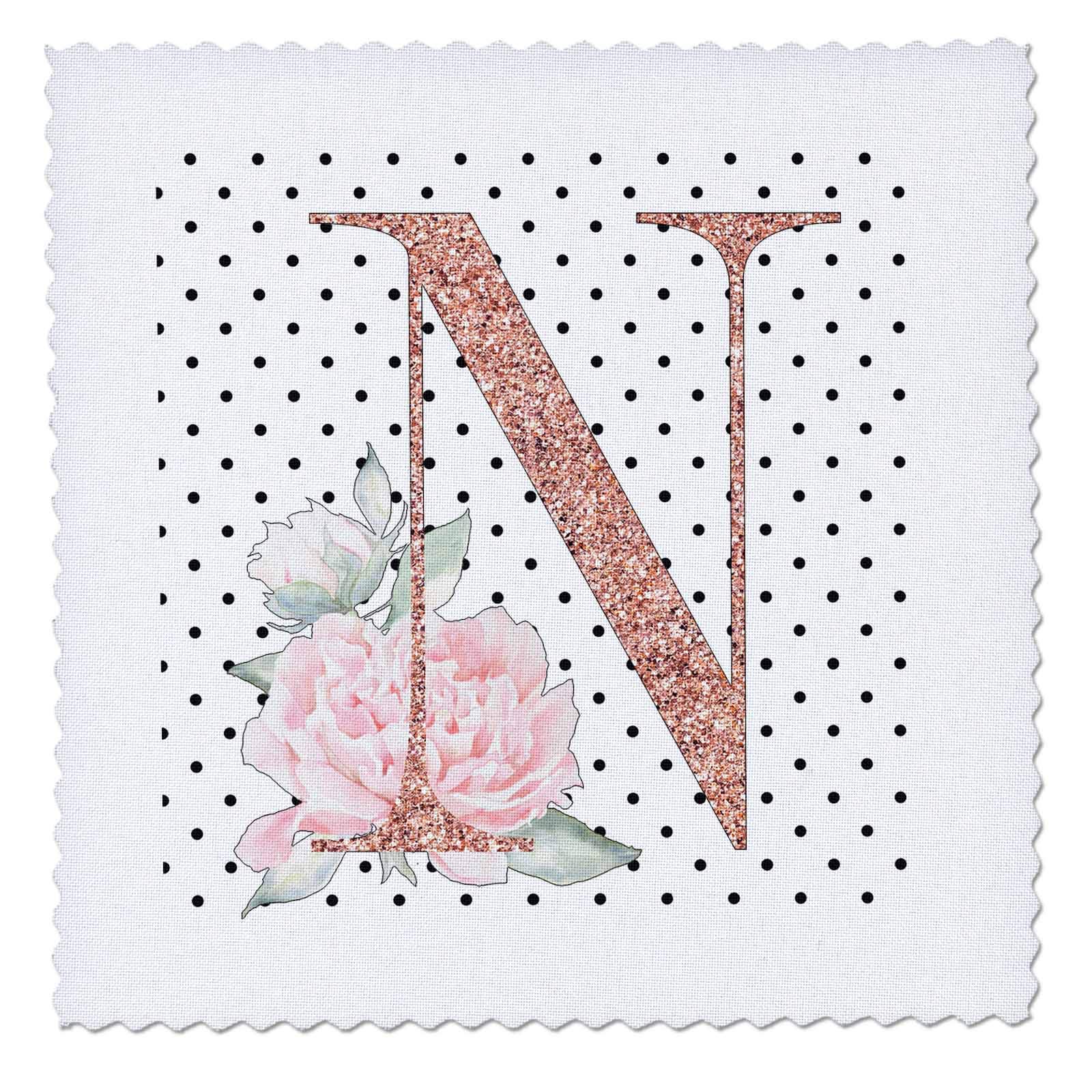 16x16 inch Quilt Square - Monogram Initial N Pink Rose Floral On Black and White Polka Dots Monograms