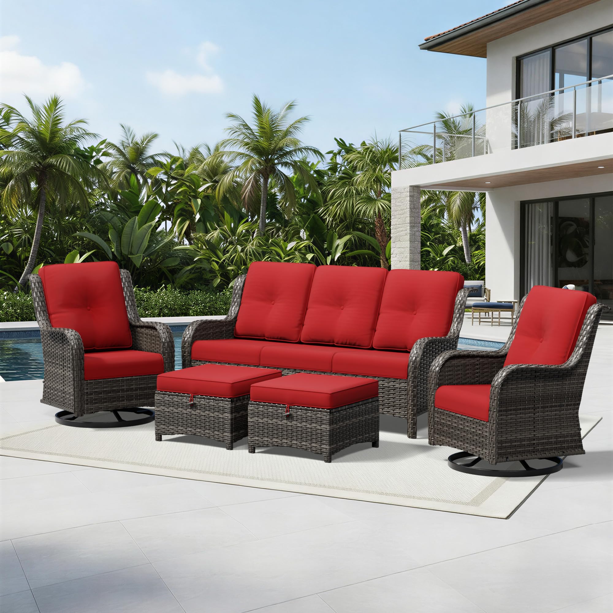 Joyside 5 Piece Wicker Patio Furniture Set, Outdoor Swivel Rocker Patio Chairs with High Back, Deep Seating, Wide Armrest, Thickened Cushions, Outdoor Furniture for Deck, Porch Use