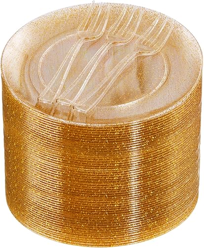Festiva 200 platos de postre dorados con purpurina de 6.3 pulgadas con tenedores de 5 pulgadas, platos pequeños de plástico para postre, pasteles,