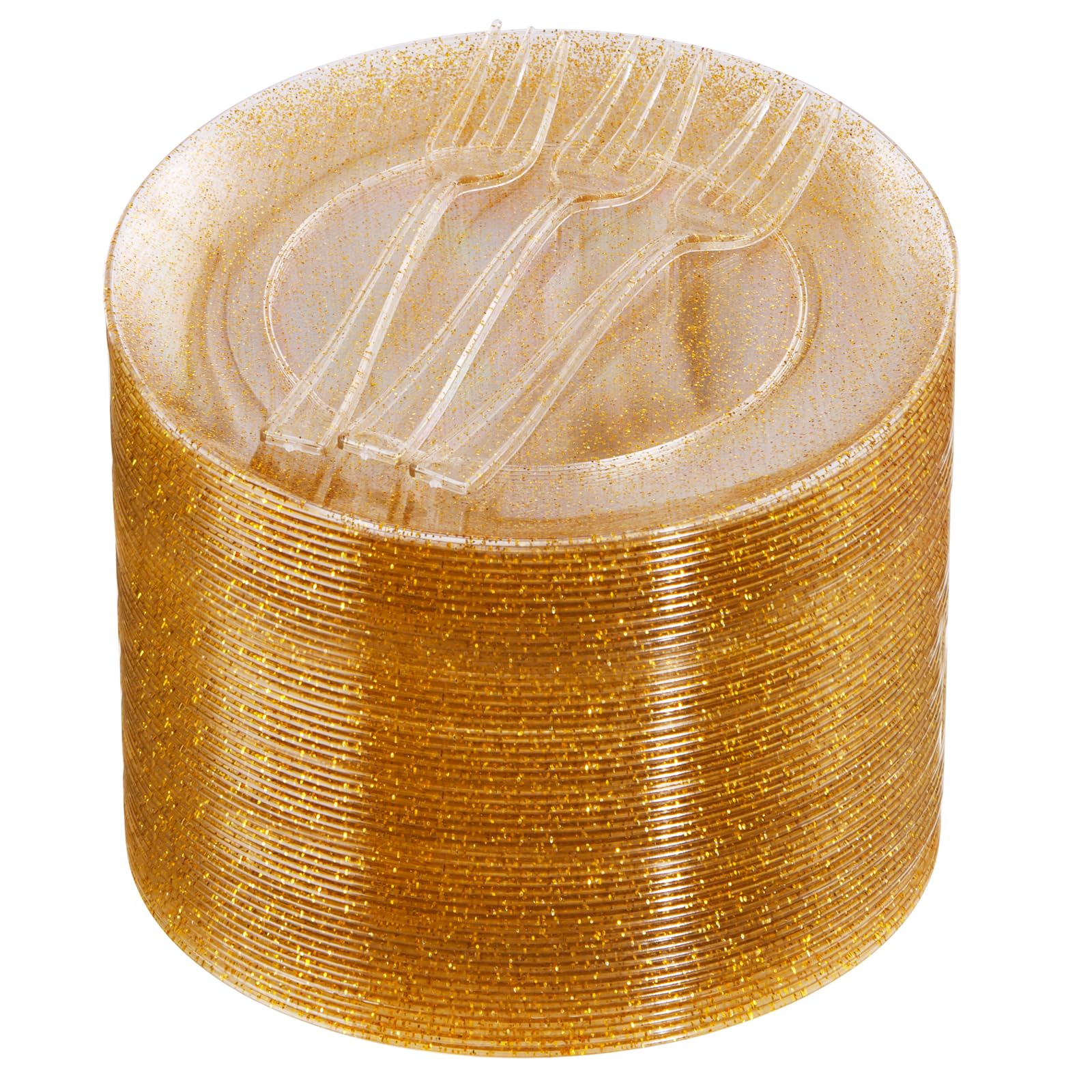 200Pcs Gold Glitter Plates with Plastic Forks-Plastic Dessert Plates for 100 Guests Cake Plates Disposable for Party&Weeding Include 100 6.3" Appetizer Small Plates 100 5" Plastic Forks