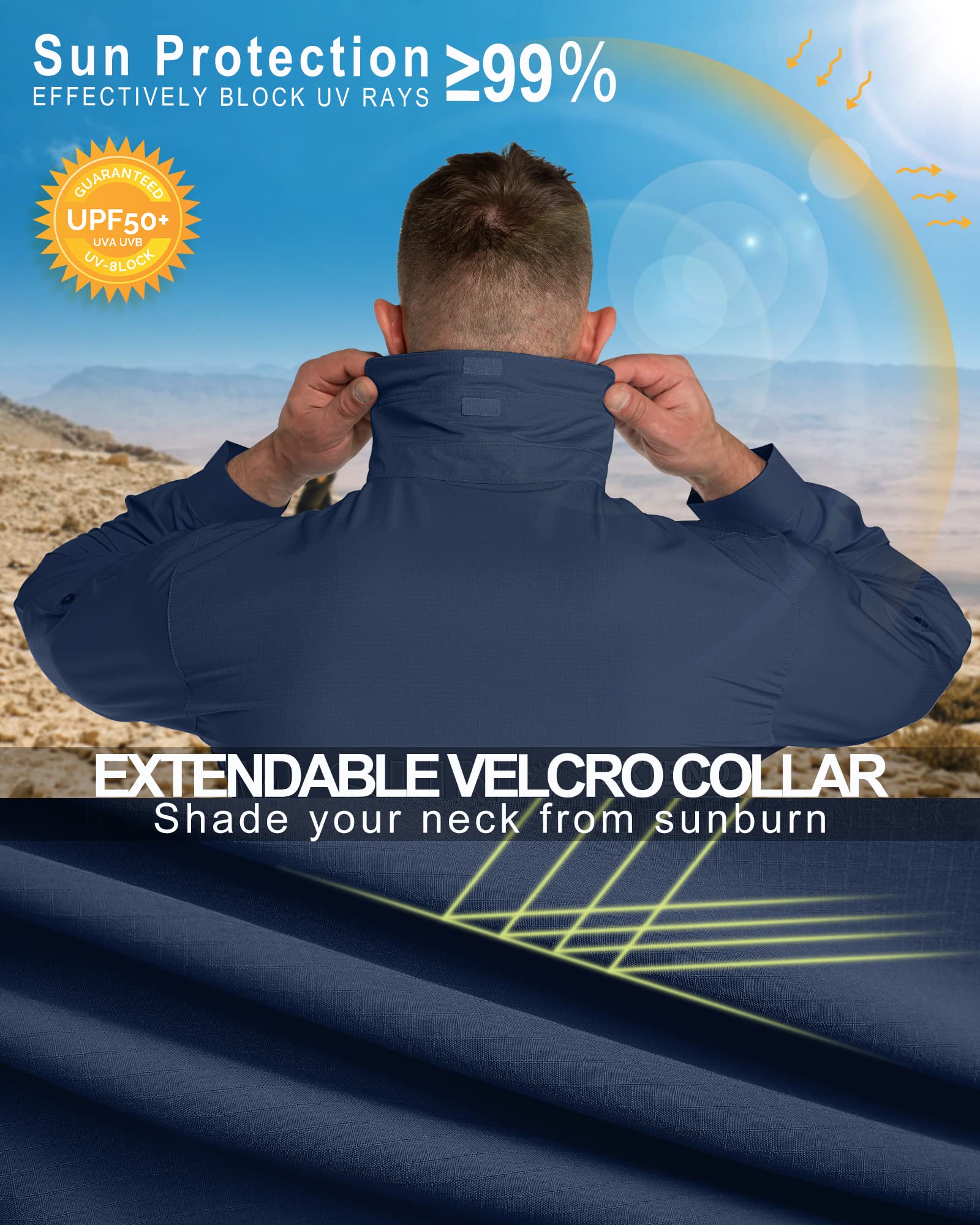 33,000ft Safari Camisa deportiva de manga larga para hombre, UPF50+, protección UV, transpirable, con botones, con bolsillos, para senderismo, pesca, viajes