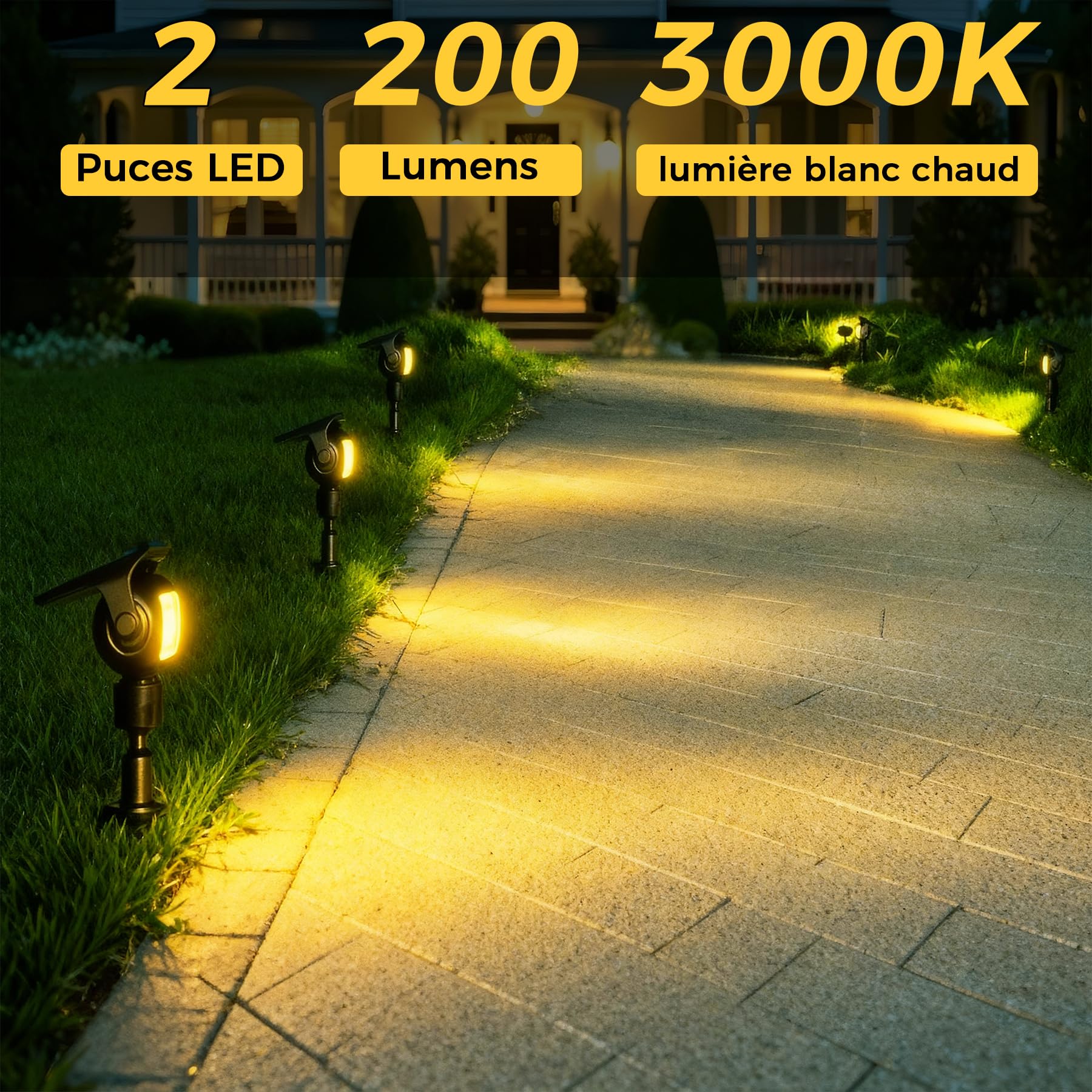 Spot Solaire LED Jardin, 200 lm, 3000K Blanc Chaud, 6 Pièces