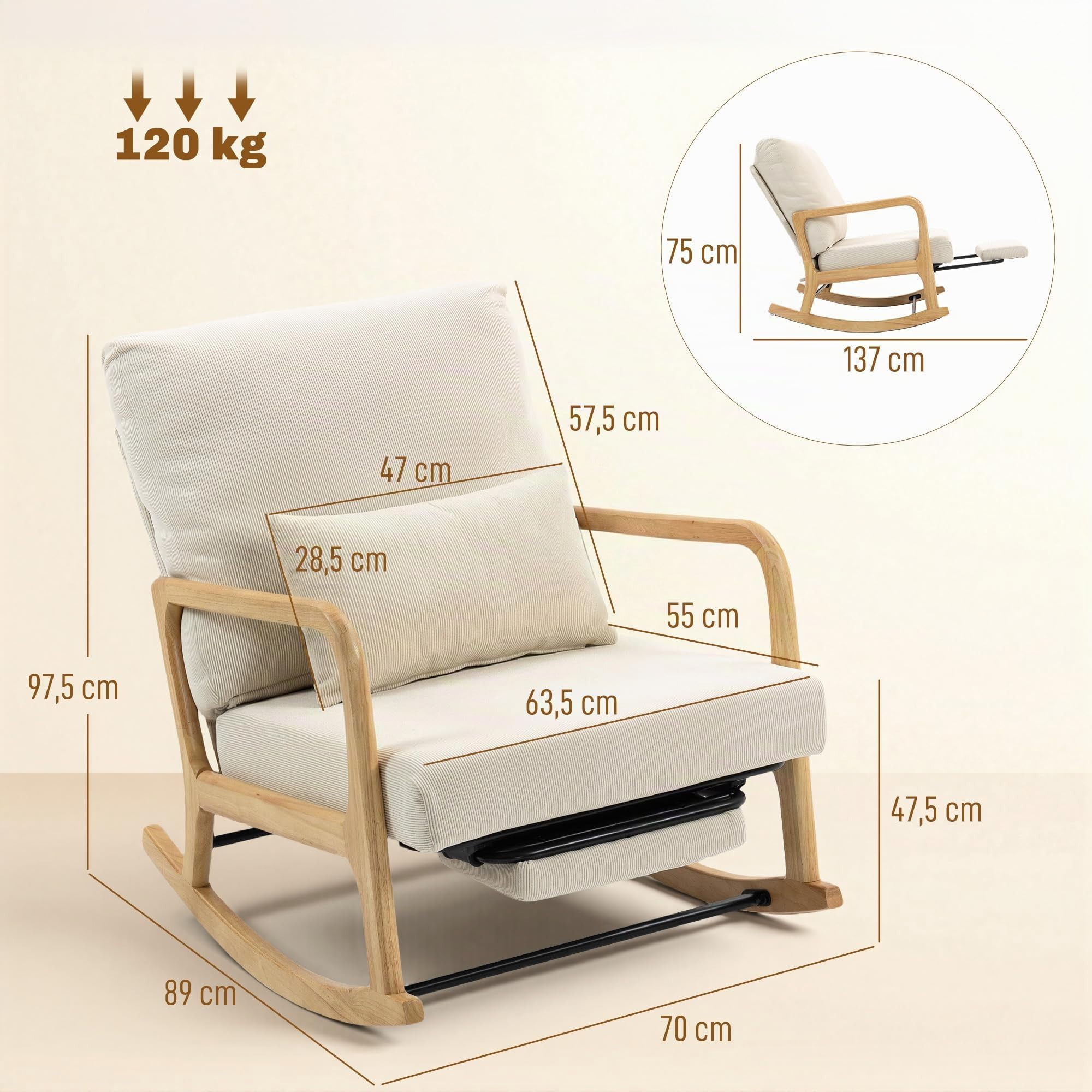 HOMCOM Schaukelstuhl mit Fußstütze, Verstellbarer Rückenlehne, Creme | Schaukelsessel, Lendenkissen, Relaxstuhl mit Holzfüßen, Cord-Optik, Skandinavischer Schwingsessel, Wohnzimmer, Schlafzimmer