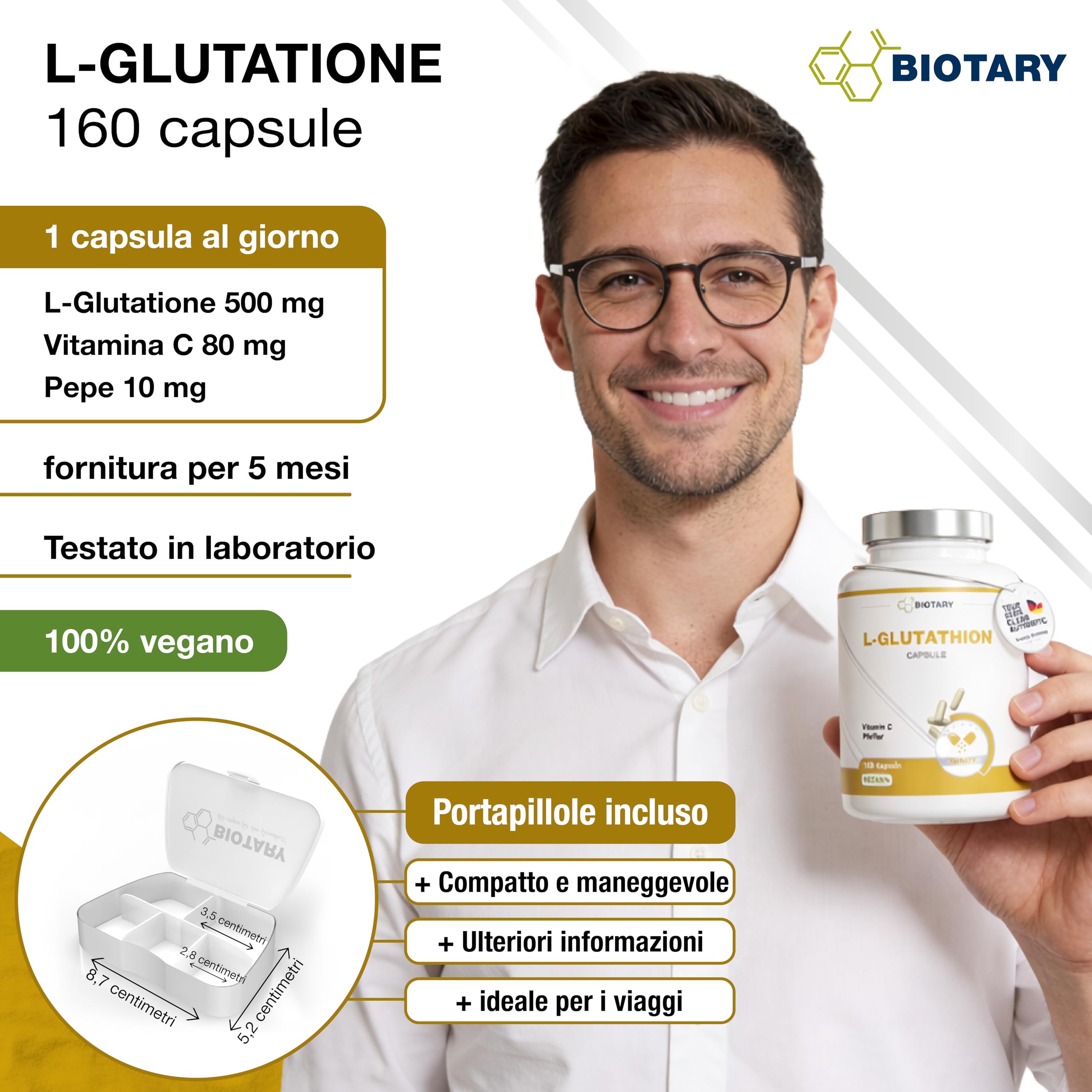 L-Glutatione 160 capsule 500 mg altamente dosato e ridotto al 98% + vitamina C con pillola inclusa, riserva da 5 a 6 mesi, L-glutatione bioattivo vegano senza additivi, testato in laboratorio