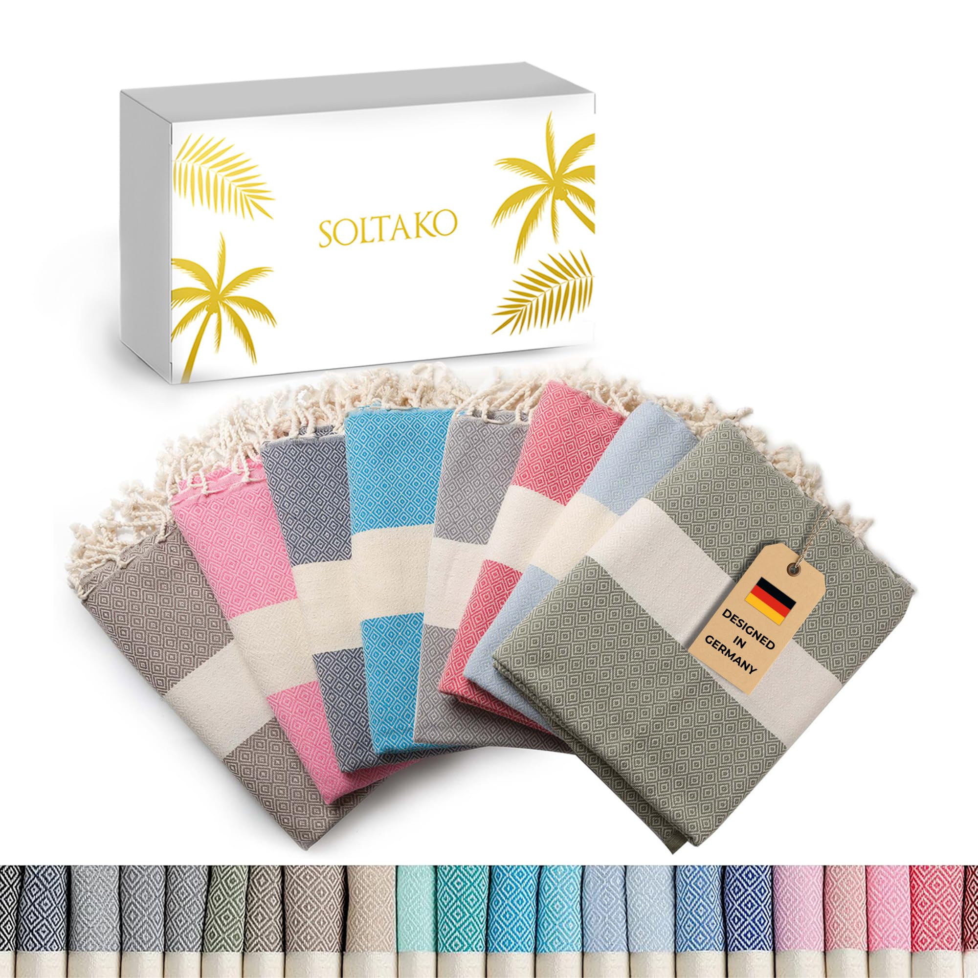 SOLTAKO Fouta Diamant Premium Hamamtuch 100x200 cm, Baumwolle, schnelltrocknend & saugfähig, Strandtuch, Saunatuch, Badetuch, 8er Set Babypink/Hellblau/Lachs/Cappuccino/Khaki/Jeansblau/Koralle/Aqua
