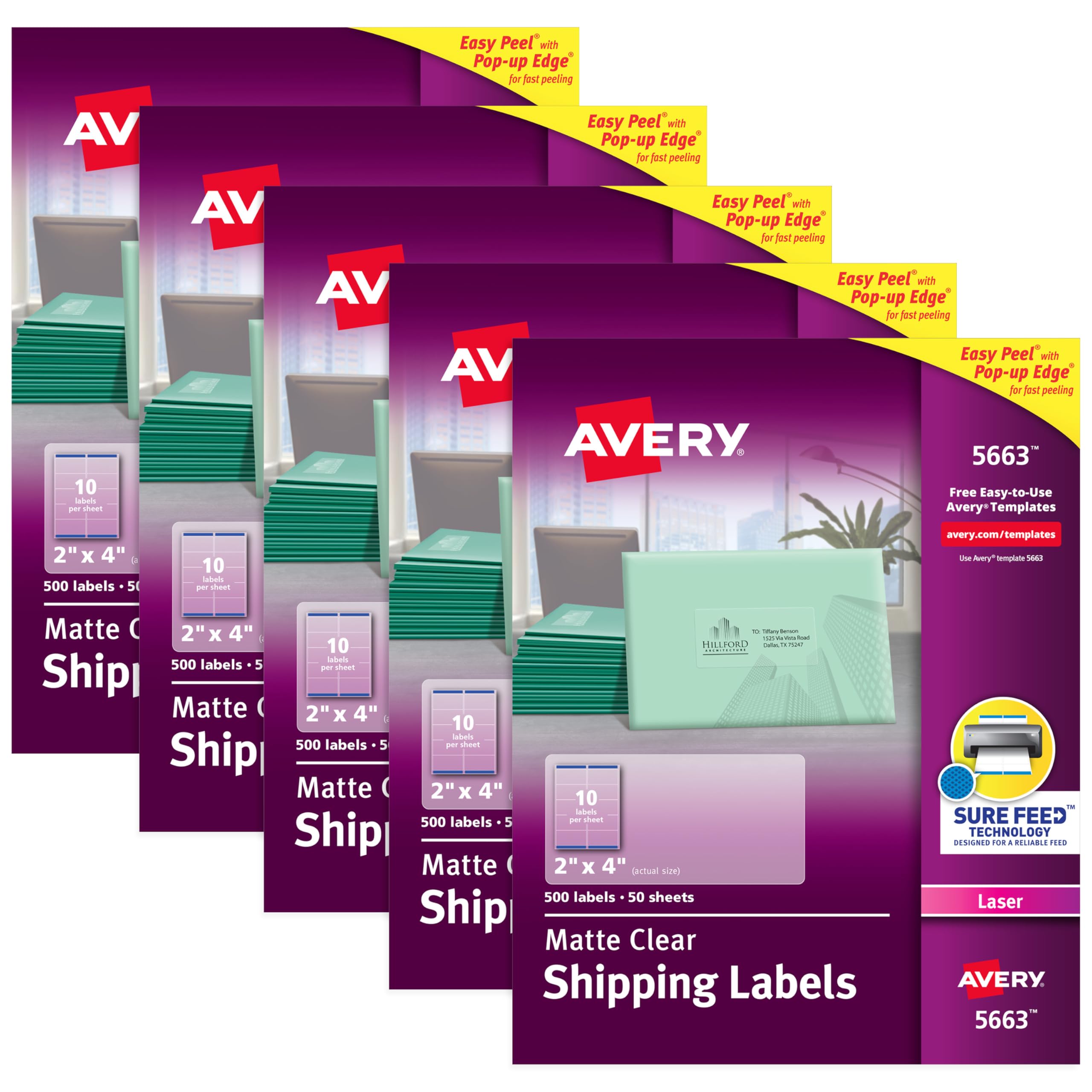 Avery Mat Buzlu Saydam Adres Etiketleri, Lazer Yazıcılar için, 5 cm x 10 cm, 500 Etiket, 5 Paket (5663)