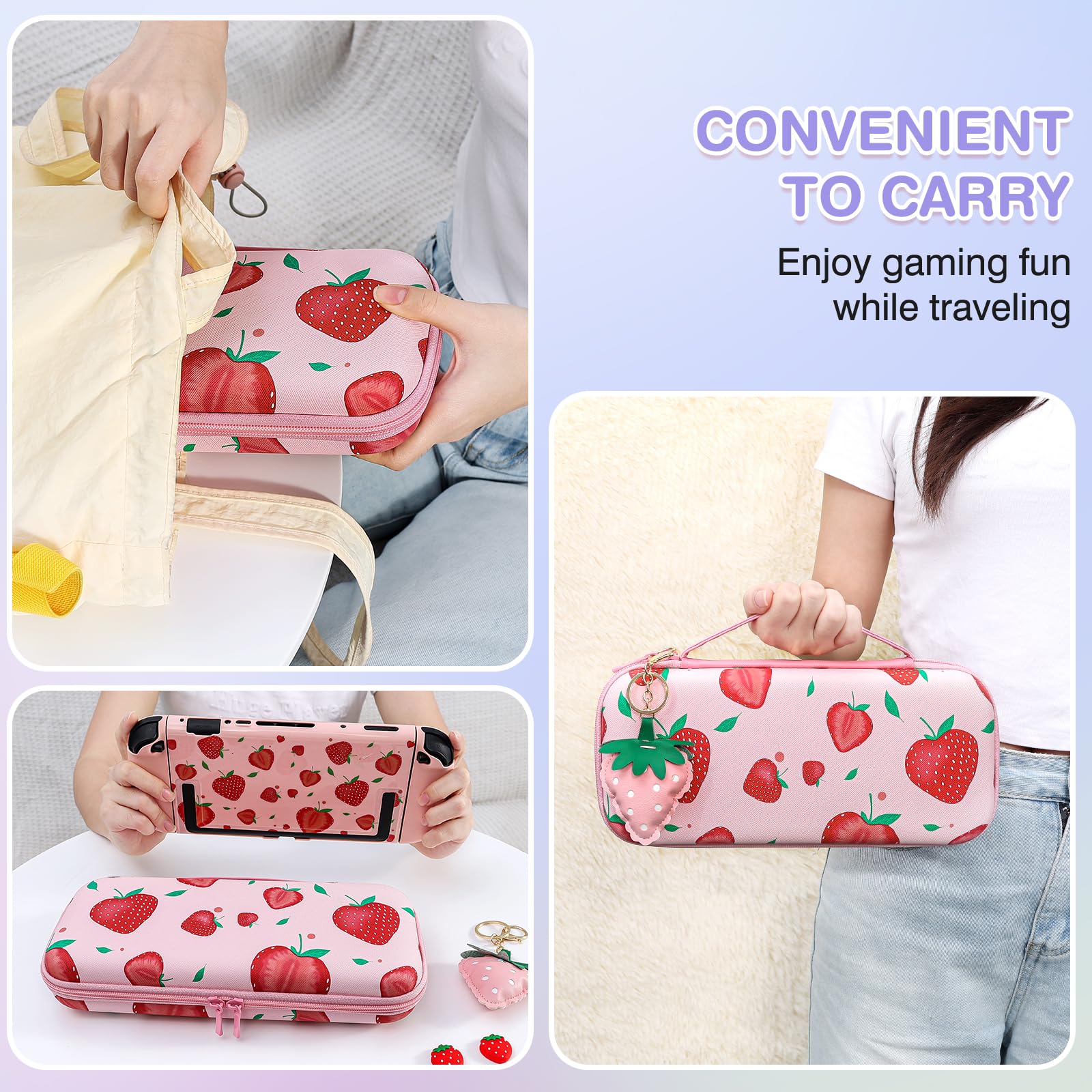 DLseego Tragetasche für Switch 2,Rosa Tragbar Reise Spiel Tasche,Thema Erdbeere Zubehör mit NS 2 Dockbare Schutzhülle,2PCS Daumen Griff Kappen und 1PC Charme,Groß Erdbeere