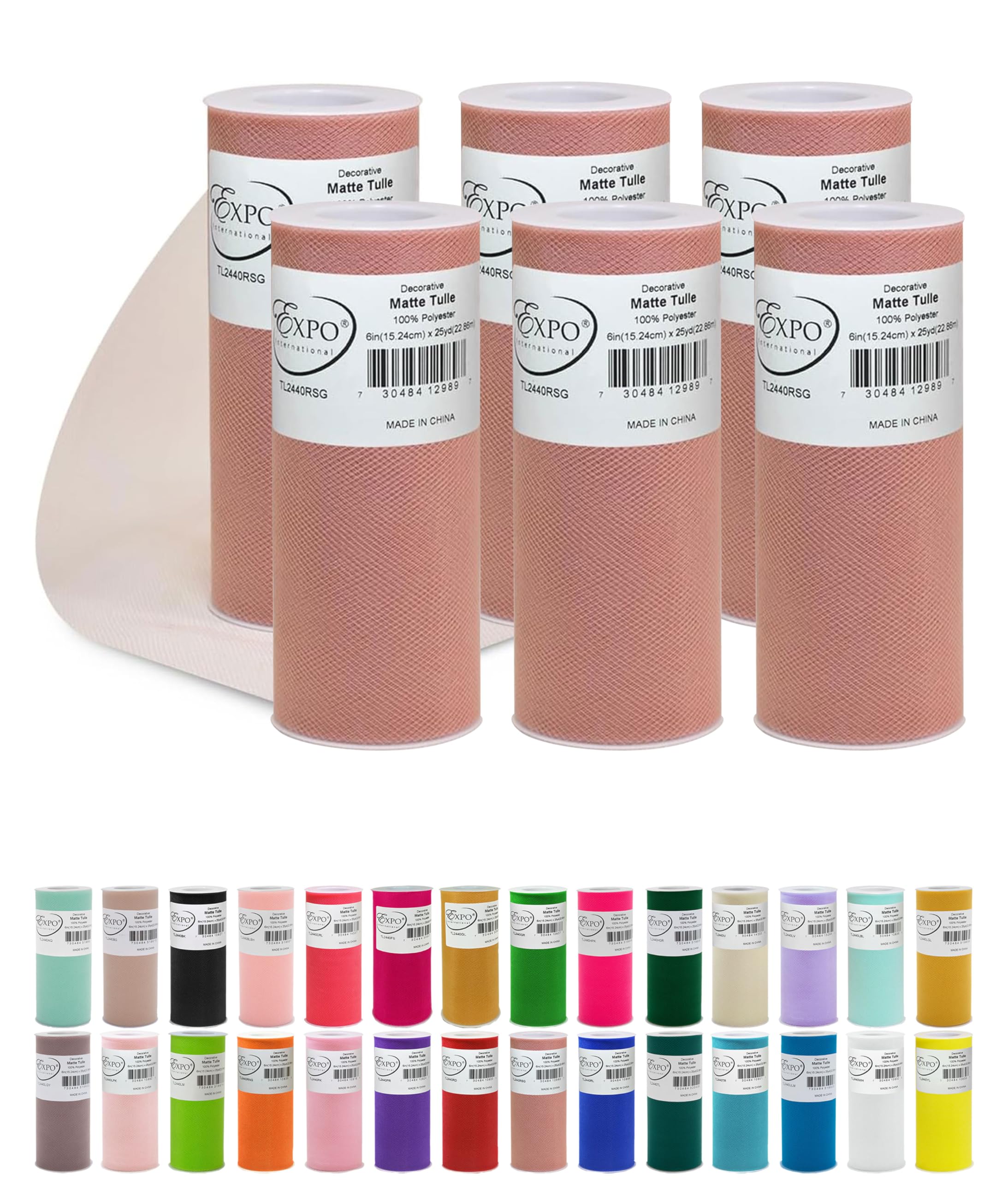 Expo International Decorative Matte Tulle, Roll/Spool of 6 Inch x 25 Yards (Pack of 6), Polyester-Made Tulle Fabric, Matte Finish, Lightweight, Versatile, Washable, Easy-to-Use, Rose Gold