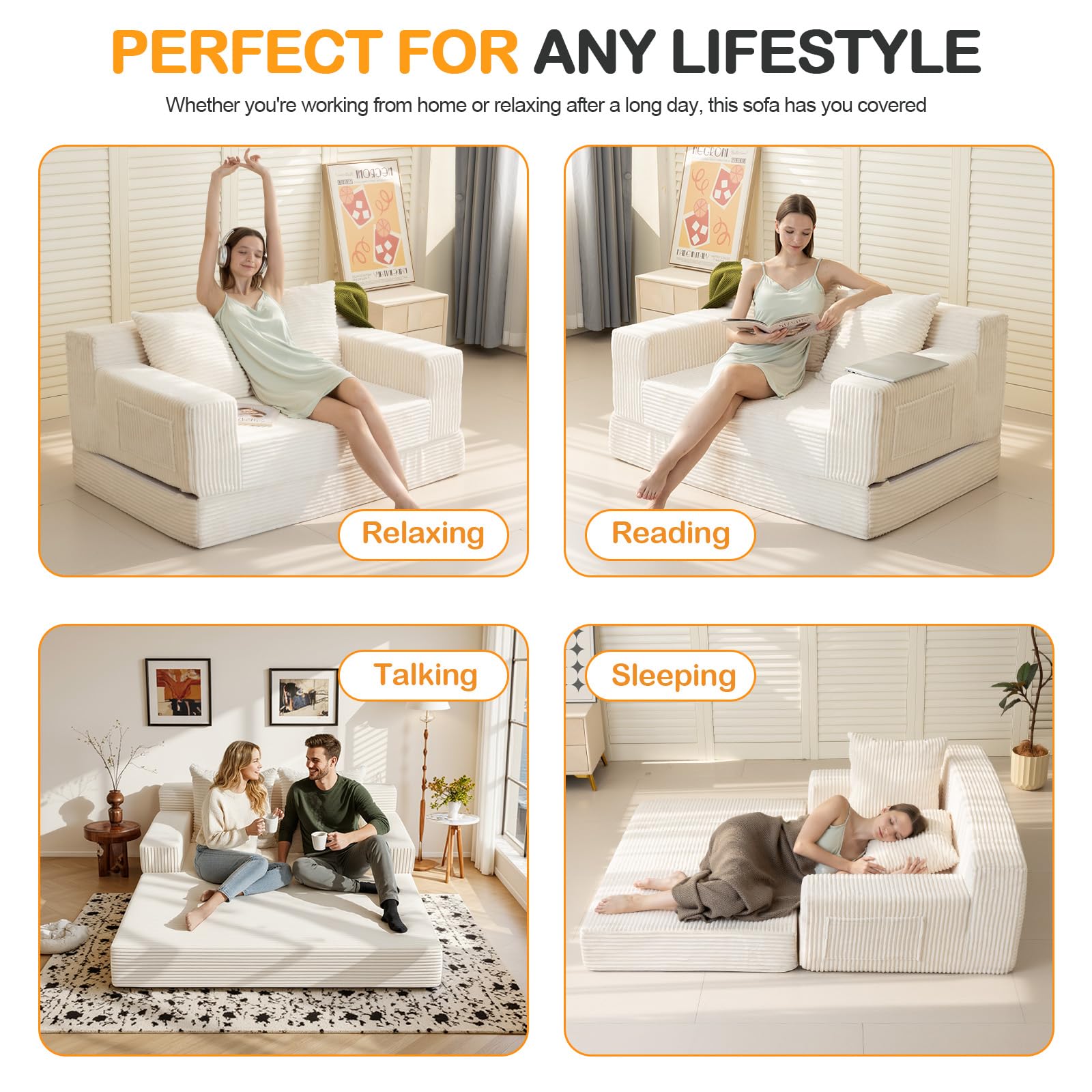 Erament Convertible Sofa Bed, Loveseat Folding Floor Futon Sleeper Sofa Couch Bed- Boneless Foldable Couch, Corduroy Pull Out Sofa Bed with 2 Pillows for Living Room & Bedroom