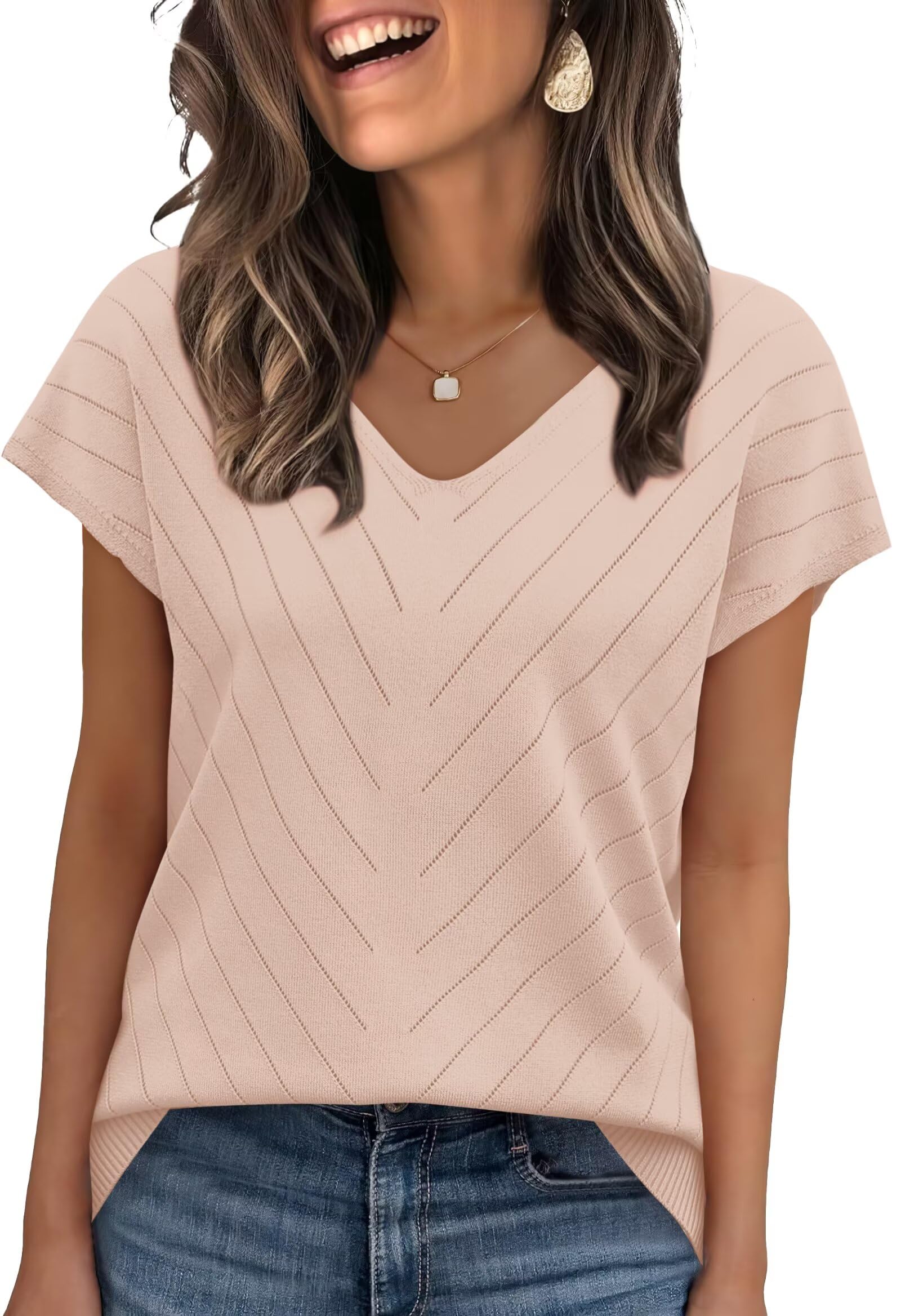 WIHOLL Pullover Damen Kurzarm Sommer Elegant T Shirt Leicht V-Ausschnitt Stretch Oberteile Basic Strickpullover Tops Aprikose L