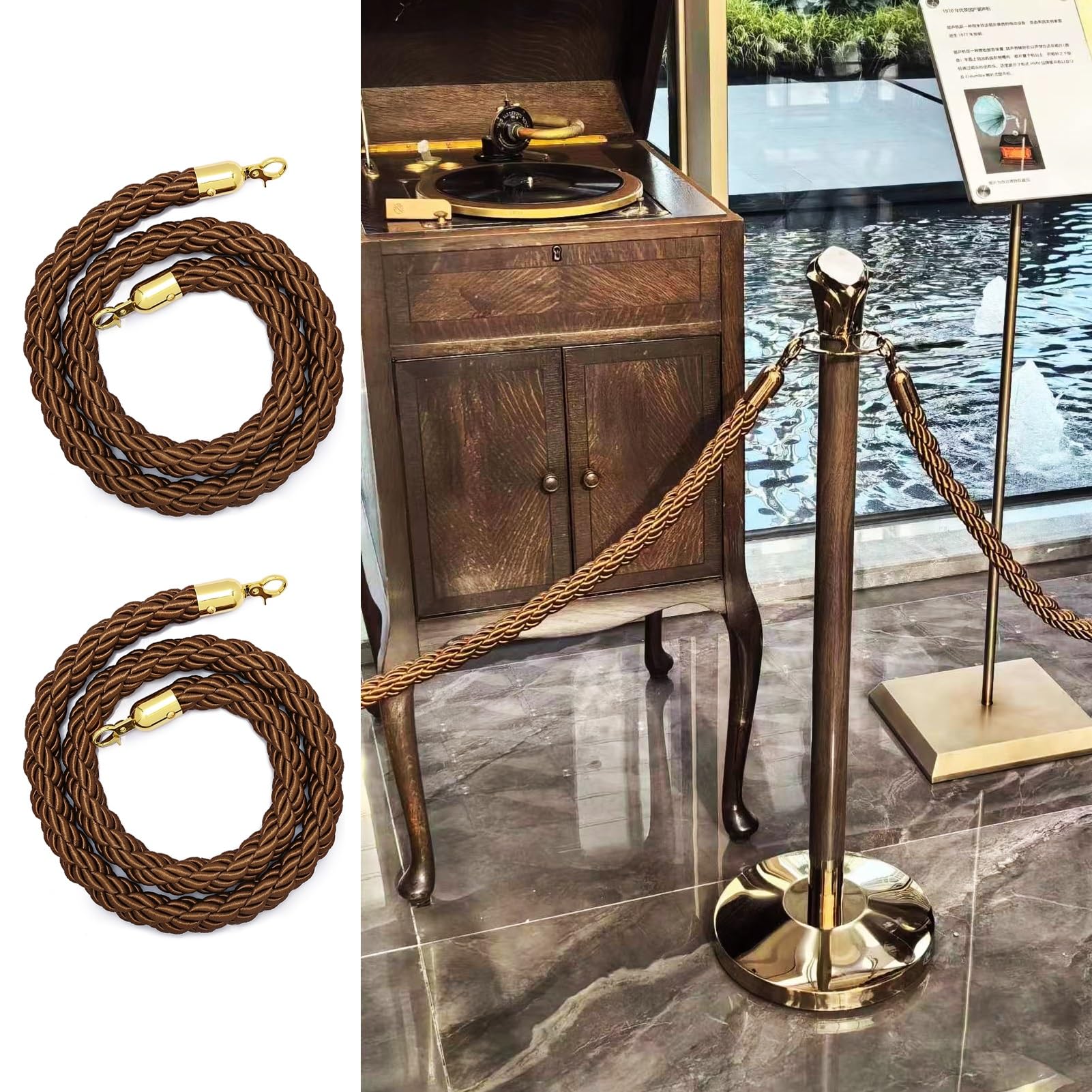 Lot de 2 Cordes Marron pour poteaux - 3,2 cm d'épaisseur, avec système Anti-accrochage, idéales pour la sécurité événementielle, Les Halls d'exposition, etc.