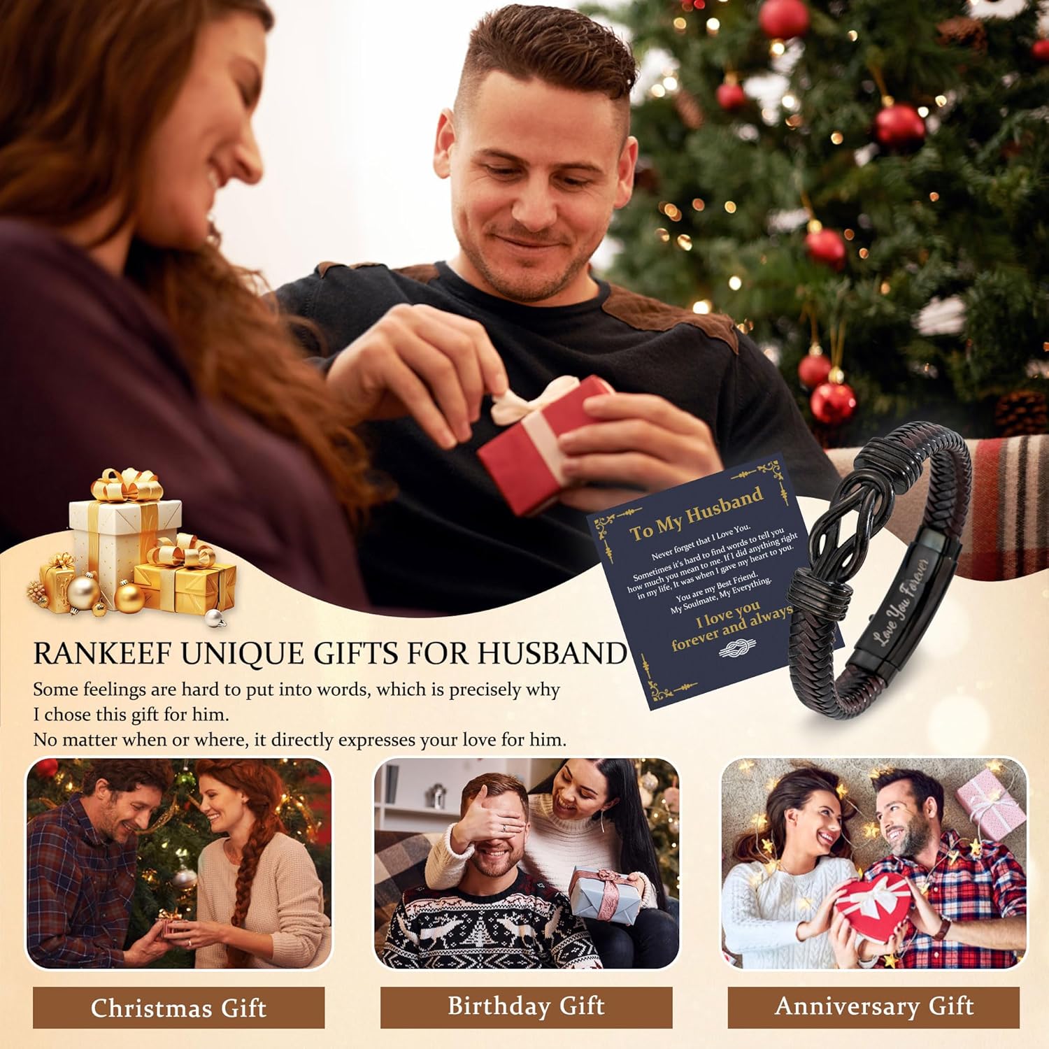 RANKEEF 𝐆𝐢𝐟𝐭𝐬 𝐟𝐨𝐫 𝐌𝐞𝐧 𝐊𝐧𝐨𝐭 𝐁𝐫𝐚𝐜𝐞𝐥𝐞𝐭 Christmas Gift Birthday Gift for Dad Man Son Husband Mens Leather Bracelet Mens Christmas Gifts - Image 2