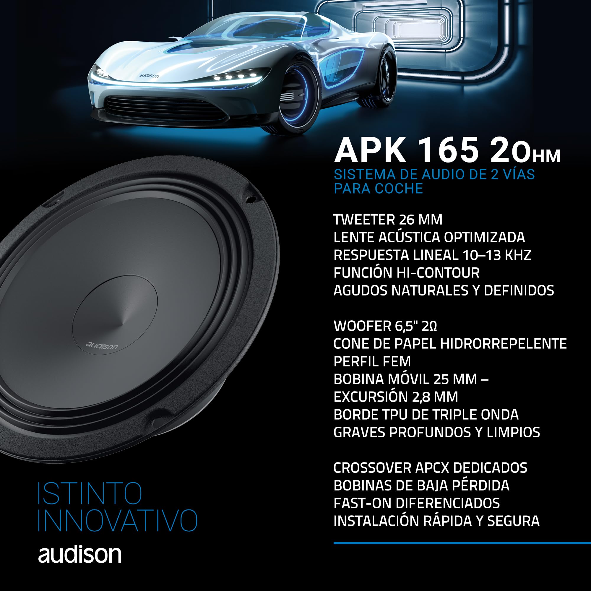 Audison APK 165 Sistema de Altavoces de 2 Vías para Coche, Woofer Polipropileno 165 mm, Tweeter Tetolon 26 mm, Impedancia 2 Ohm, 210 W Máx, Montaje Empotrable, Negro