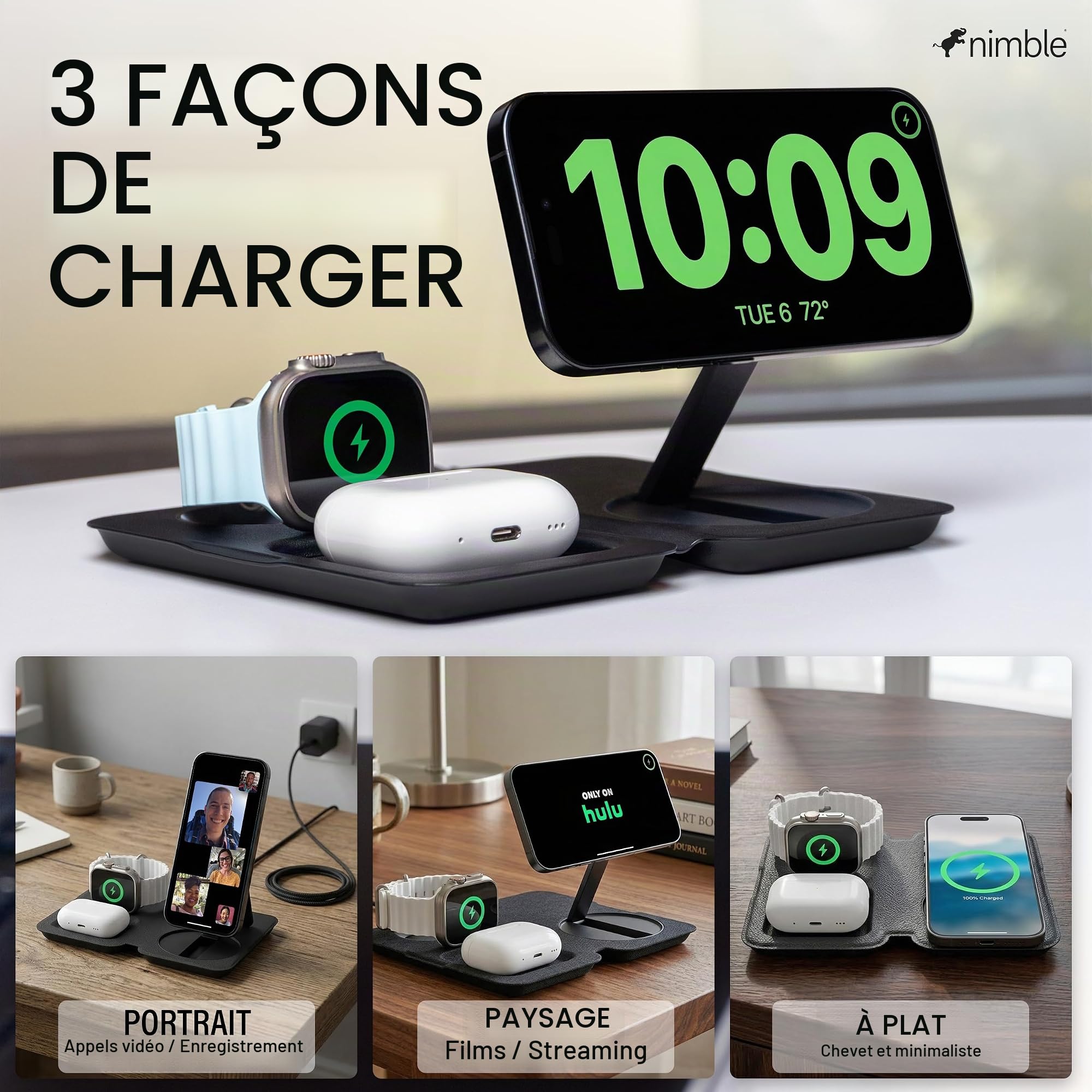 Nimble Station de charge sans fil pliable 3 en 1 pour iPhone et AirPods, support de charge Qi2 15 W compatible MagSafe, station de charge sans fil pour iPhone 17/16/15/14/13/12 (adaptateur 36 W et