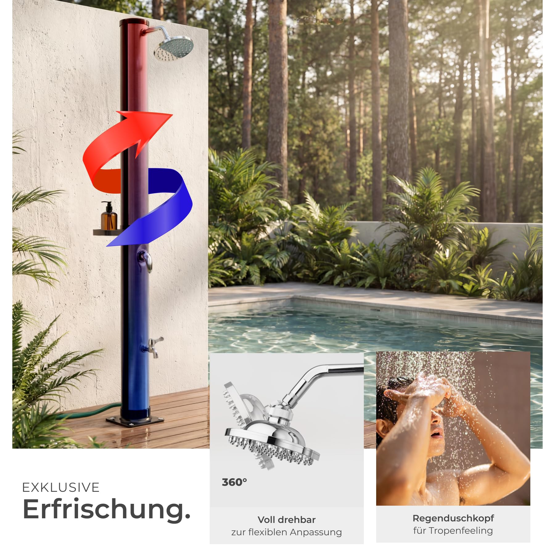 TecTake® Solardusche 20 l, bis 60° C warmes Wasser, drehbarer Regenduschkopf, Einhebelmischbatterie, Gartenschlauchanschluss, Schutzhülle, Warmwasser, Außendusche, Campingdusche - schwarz/Silber