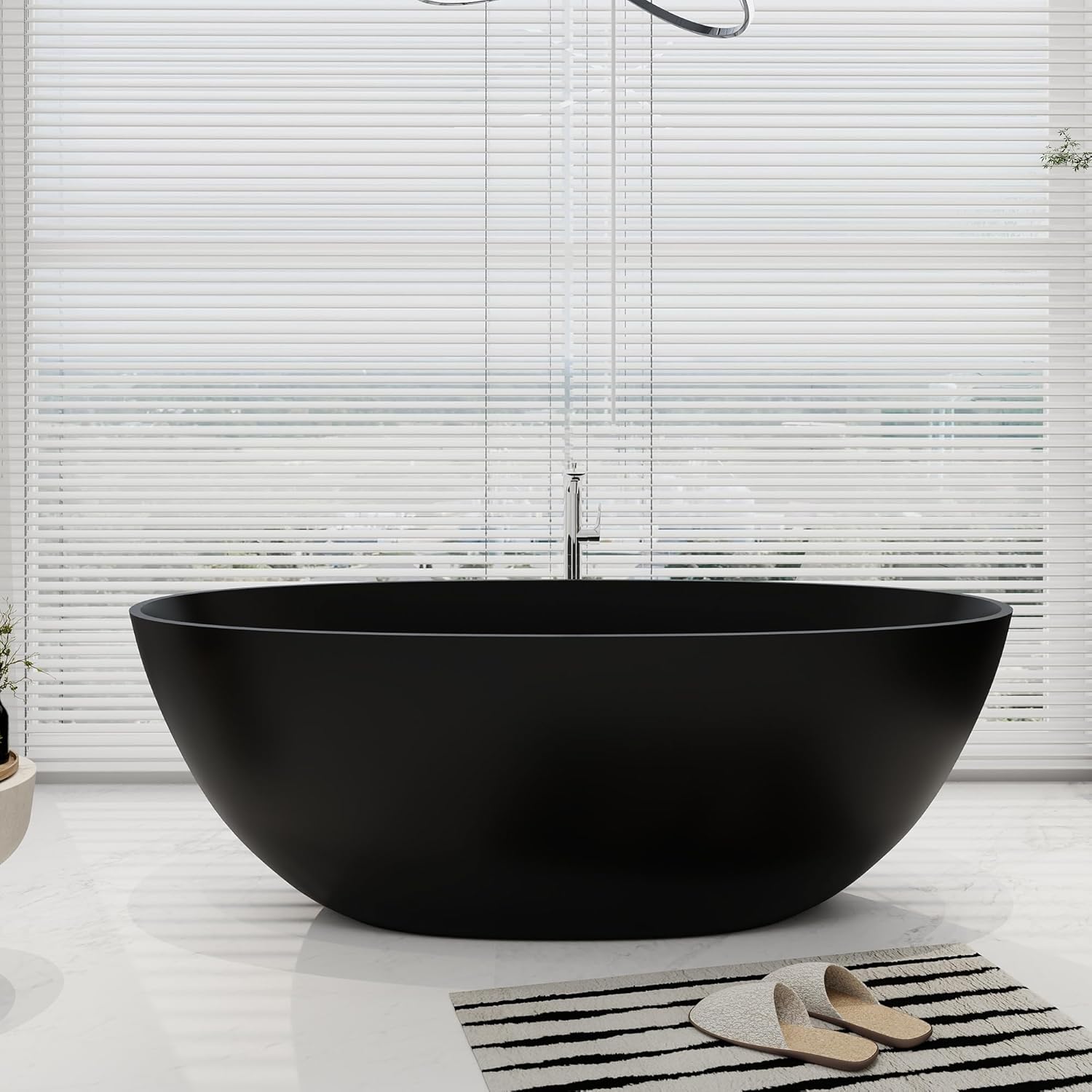 SJ STAR&JANE 65" Solid Surface Freestanding Bathtub, Oval Soaking Stone Resin Tub Stand Alone Tub with Overflow and Pop-up Drain for Bathroom Matte Black