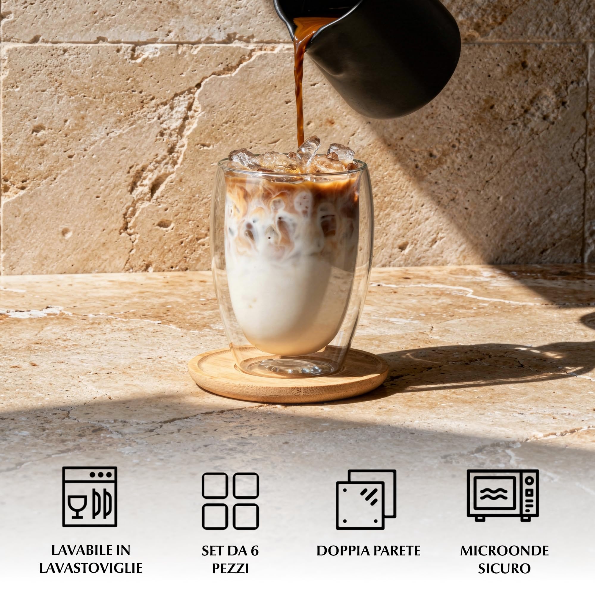 MIAMIO - Set di 6 bicchieri latte macchiato/bicchieri termici a doppia parete/senza manico/con piattino/bicchieri da cappuccino/pareti spesse/in vetro borosilicato (350 ml)
