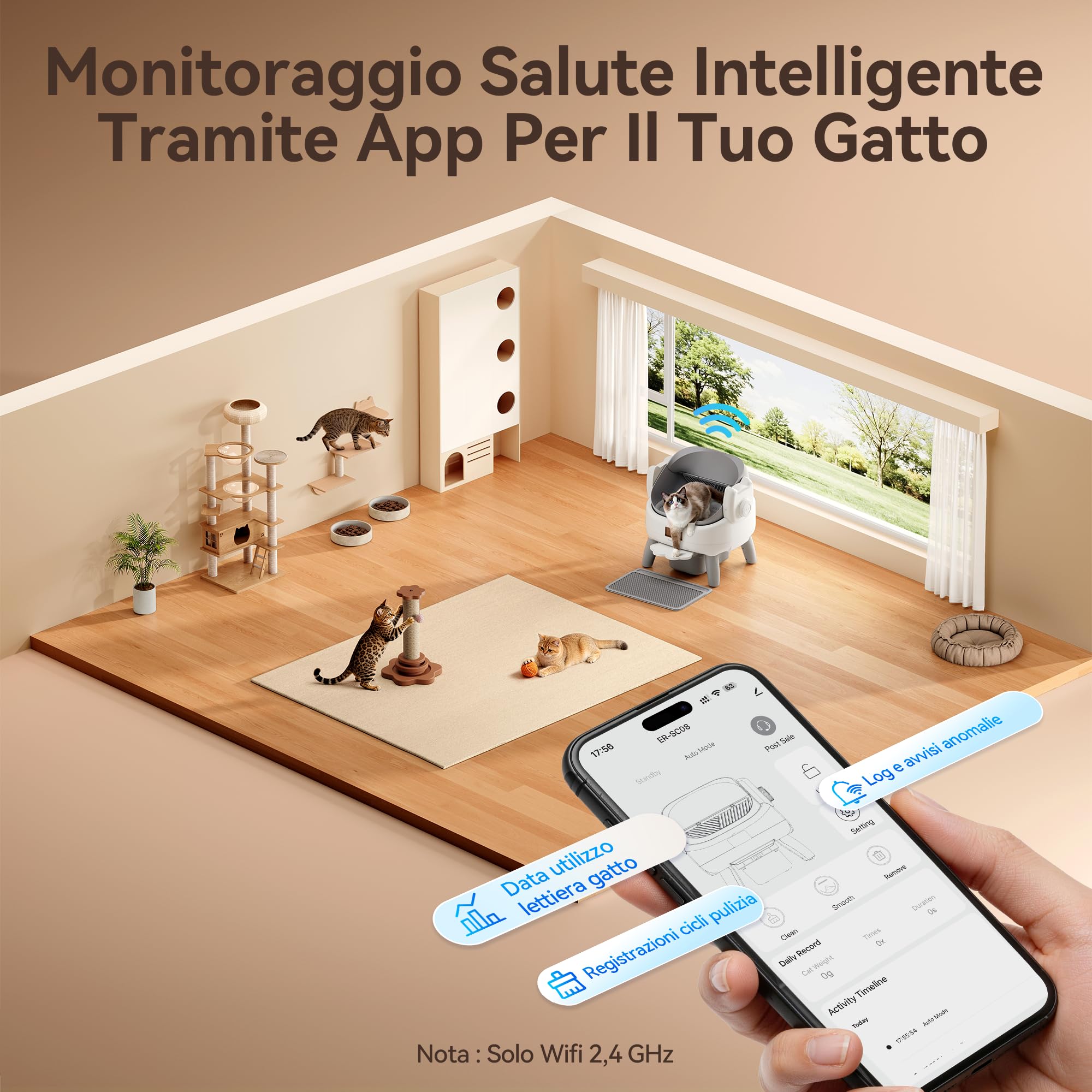 Thereye Lettiera Automatica Senza Coperchio, 11 Sensori Sicurezza, App Wi-Fi 2,4GHz, Vano Rifiuti 10L Anti-Odore Silenzioso, Garanzia 2 Anni Sola Sostituzione per Gatti Piccoli e Medi